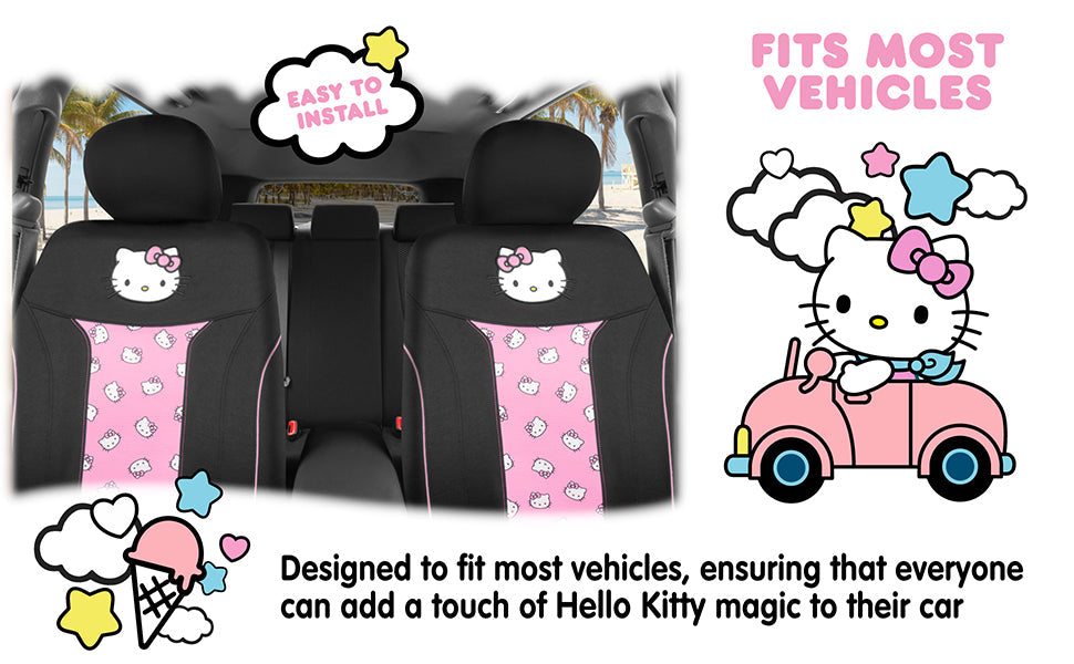 Hello Kitty Car Seat Covers - Cute and Durable Pink Front Seat Covers, Adorable Hello Kitty Design, Comfortable and Long-Lasting Polyester, Car Accessories Gift Hello Kitty Accessories 2pc Black/Pink
