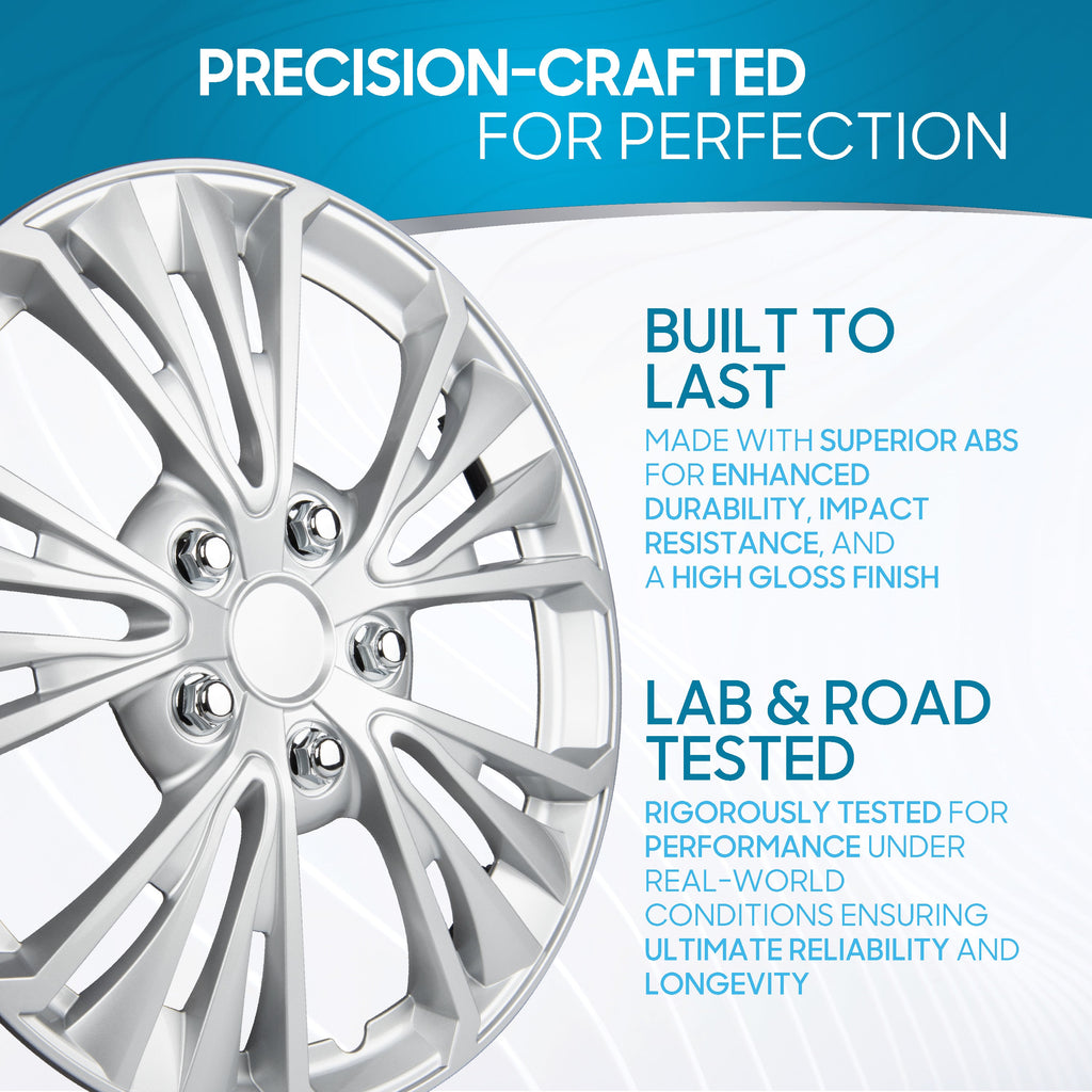BDK 16 Inch Hubcaps Set of 4 – OEM Replacement Snap-On Wheel Rim Covers - Universal Fit Car Wheel Cover for Cars, Trucks, SUV, Vans Durable ABS 5-Spoke Silver Hub-Cap Car Accessories Exterior