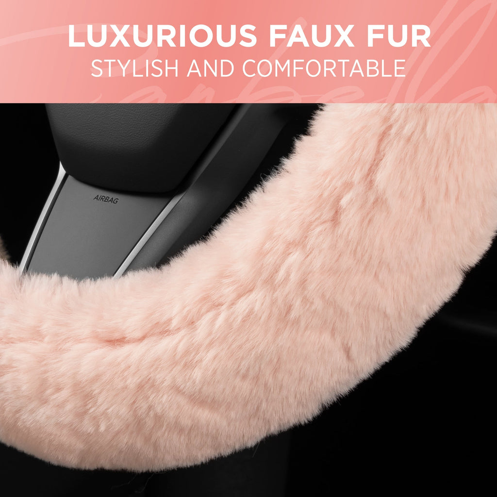 Carbella Soft Pink Fuzzy Steering Wheel Cover, Standard 15 Inch Size Fits Most Vehicles, Cute Faux Fur Car Steering Cover with Soft Fluffy Furry Touch, Car Accessories for Women