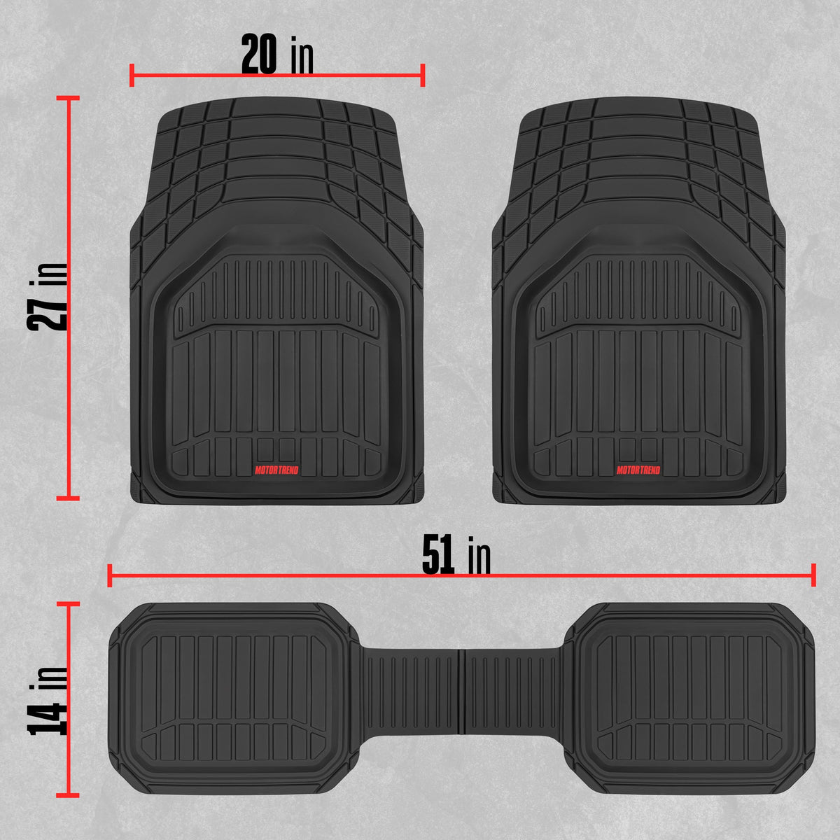 MotorTrend 3-Piece FlexTough Defender Front Floor Mats and Rear Floor Mat - Heavy Duty, All Weather, Trim to Fit
