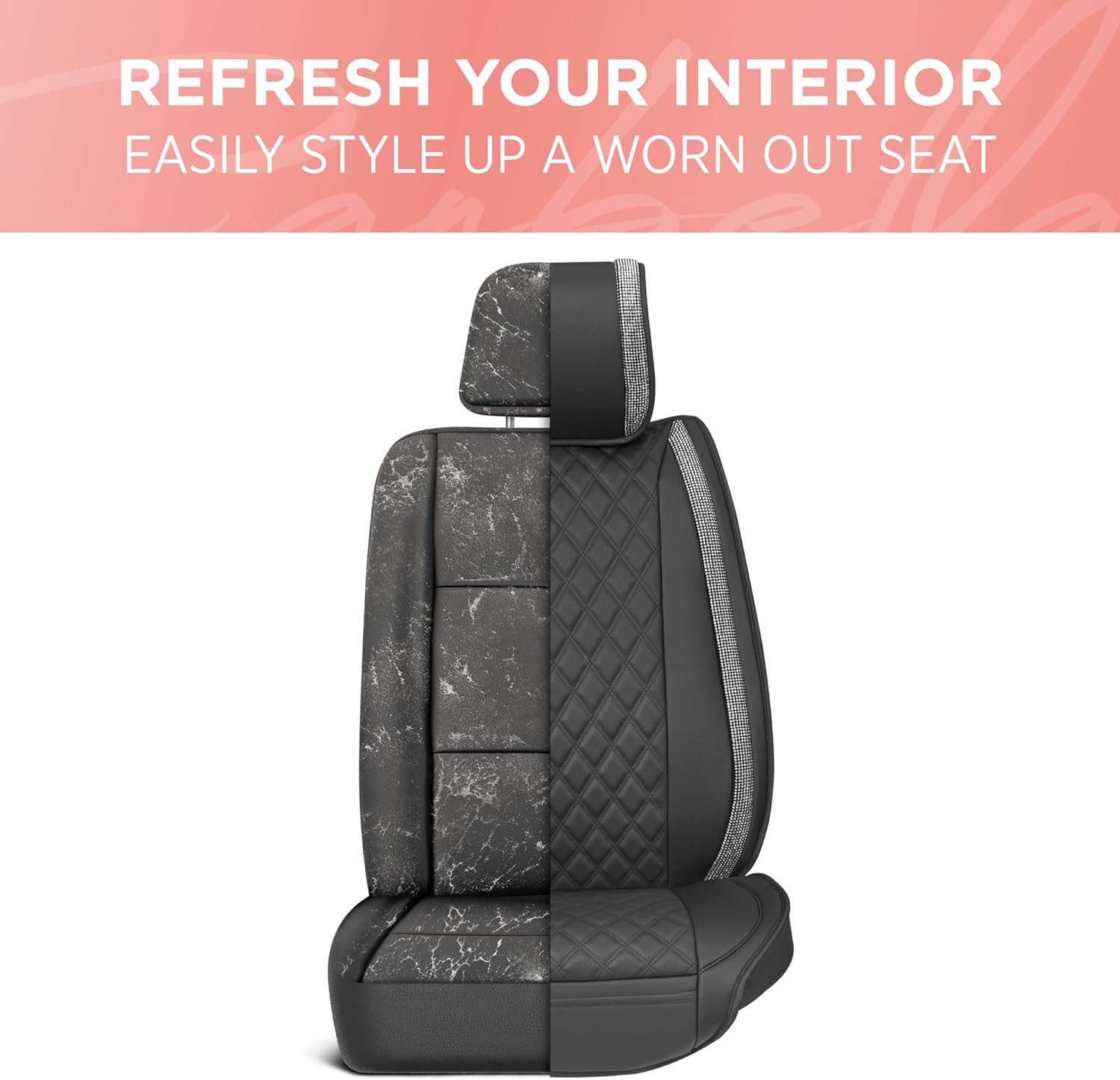 BlingStitch™ Car Seat Covers for Front Seats - Luxurious Vegan Leather Seat Covers for Cars with Black Bling Crystals, Premium Automotive Seat Covers for SUV, Trucks, Car Bling Luxury