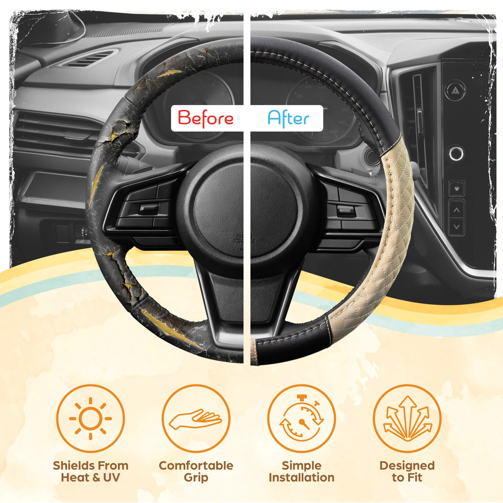 C&C California Car Steering Wheel Cover Beige Diamond Quilt, Non Slip Leather Steering Wheel Cover for Women Men, Cute Comfortable Soft Easy Installation Universal Fit (Fits 14.5"-15.5" Inches)