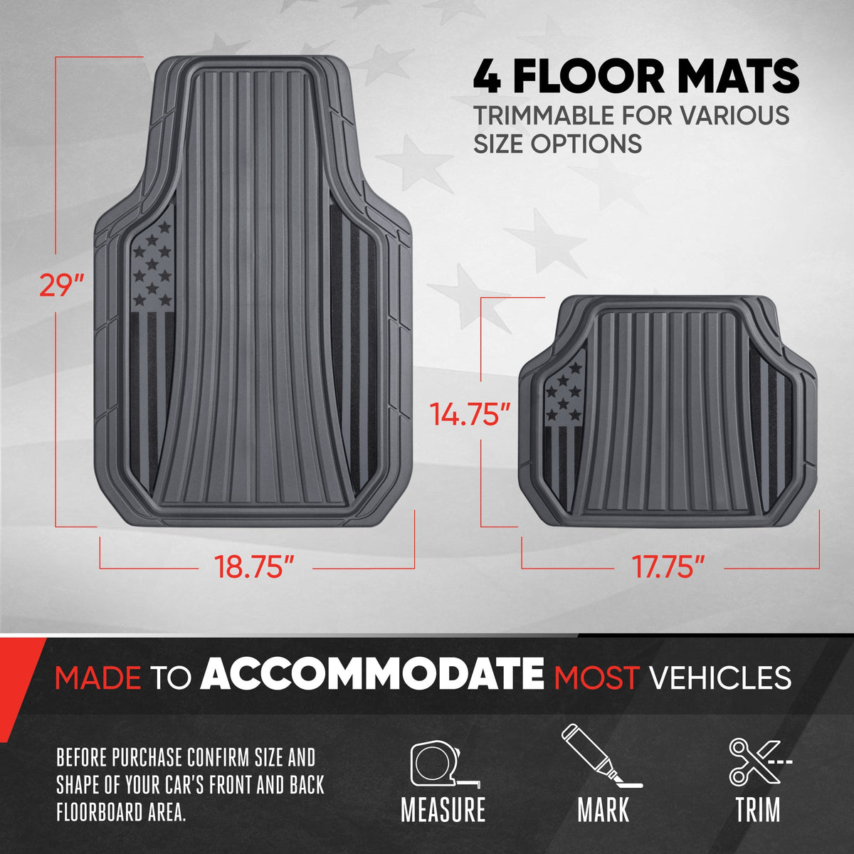 Clone from Motor Trend Flag Car Floor Mats Full Set - Durable Gray Rubber Floor Mats for Cars with Two Tone Accent, All Weather Interior Protection for Front and Rear with Non-Slip Backing, Gray - Flag Gray