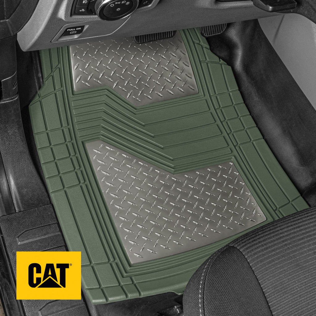 CAT 4-Piece Two-Tone Metallic-Look Front Floor Mats and Rear Floor Mats - Heavy Duty, All Weather, Trim to Fit