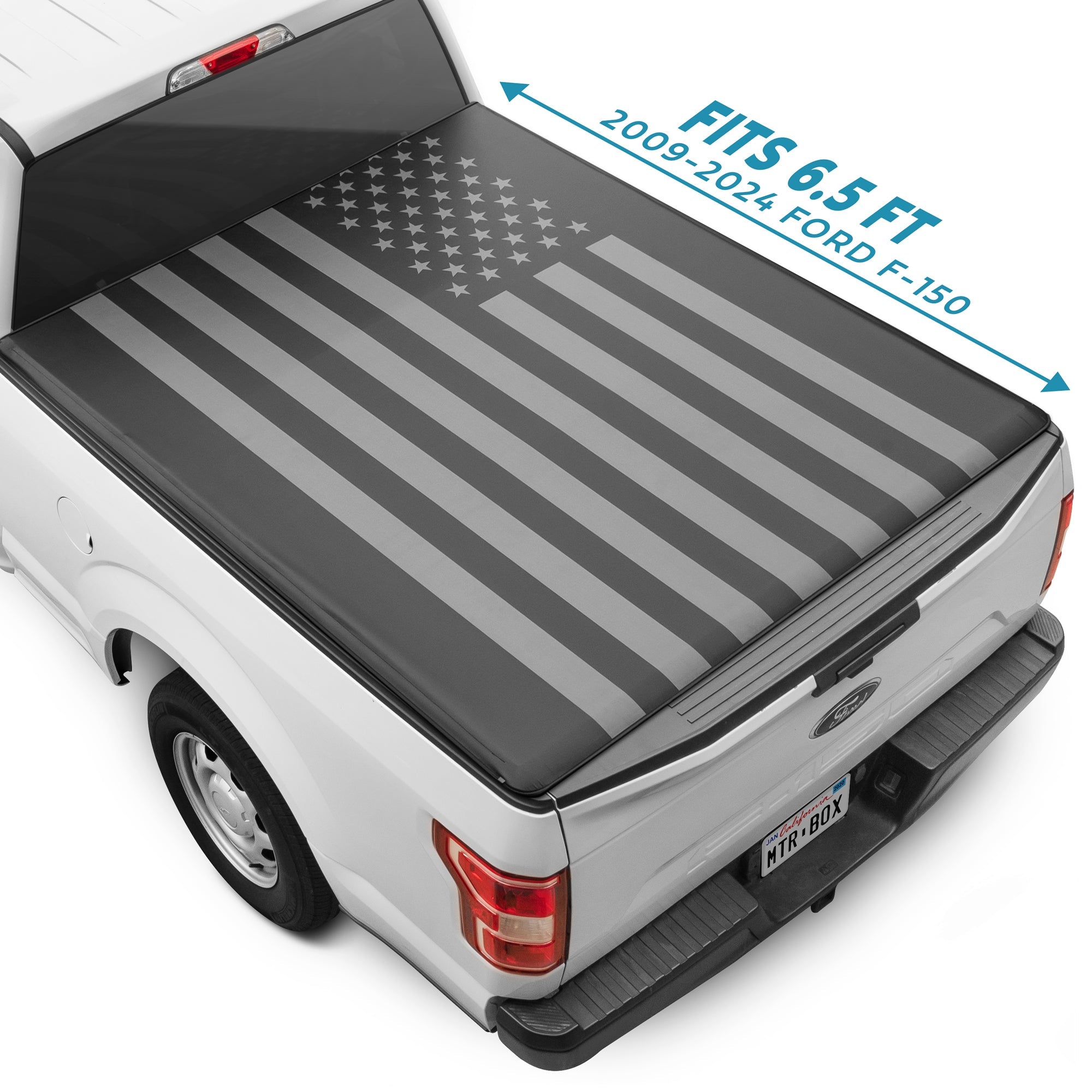 MotorBox USA Black American Flag Soft Roll-Up Retractable Tonneau Cover for Ford F-150 (2009 - 2024) - 6.5' bed
