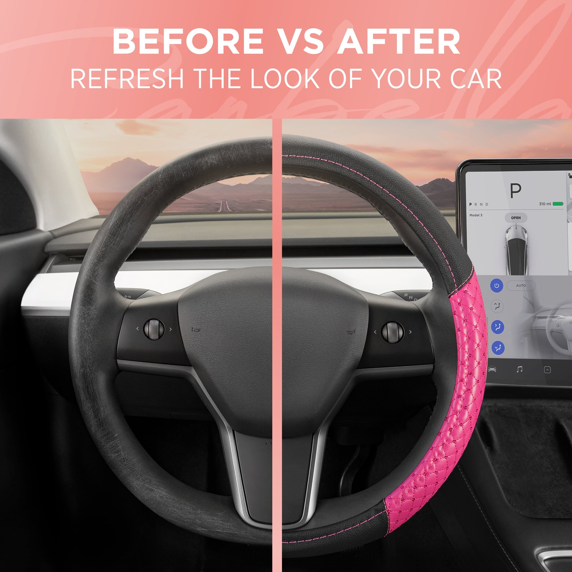 Carbella Pink Sequin Stitched with Crystals Steering Wheel Cover (Fits 14.5" - 15.5")