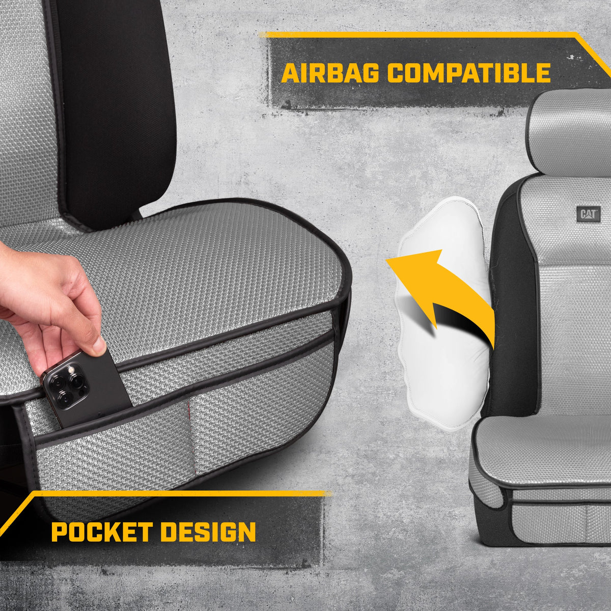 Caterpillar AeroMesh Gray Seat Covers for Trucks, Car, & SUV - (2) Front Truck Seat Cover Protector - Breathable Mesh Universal Fit Car Seat Covers - Automotive Seat Covers Top of Seat Protection