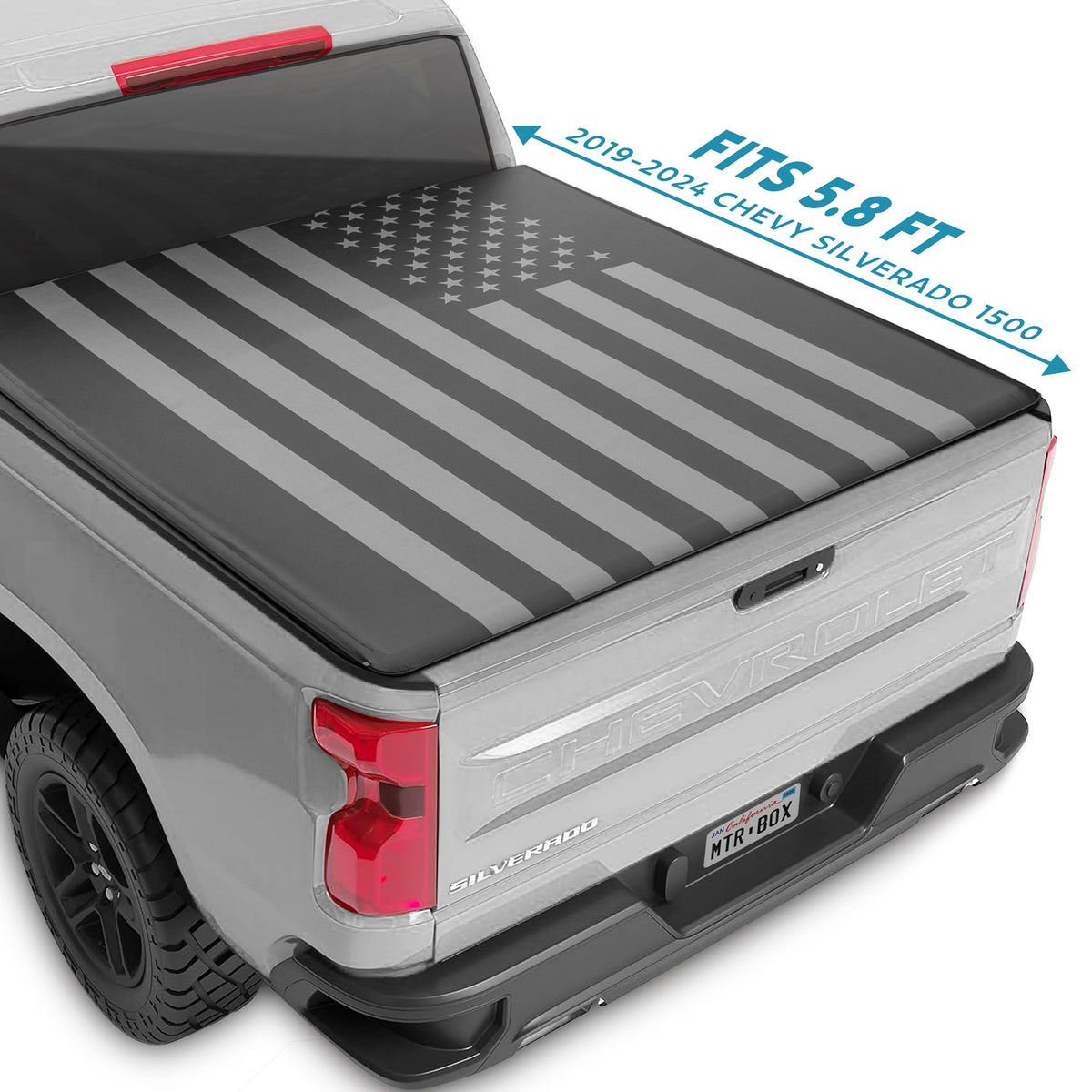 MotorBox USA Black American Flag Soft Roll-Up Retractable Tonneau Cover for Chevrolet Silverado 1500 (2019 - 2024), GMC Sierra 1500 (2019 - 2024) - 5.8' bed