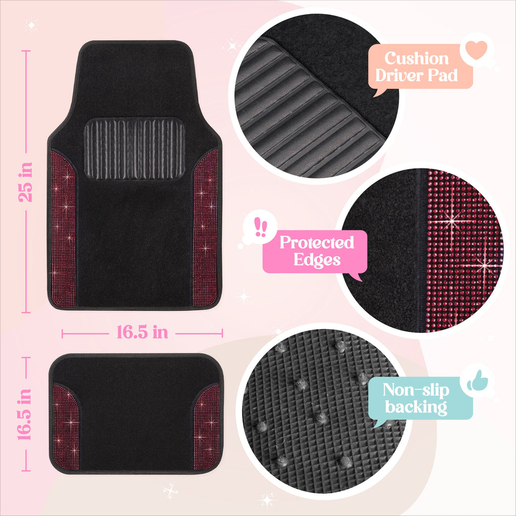 Carbella 4-Piece Diamond Bling Front Floor Mats and Rear Floor Mats - Red