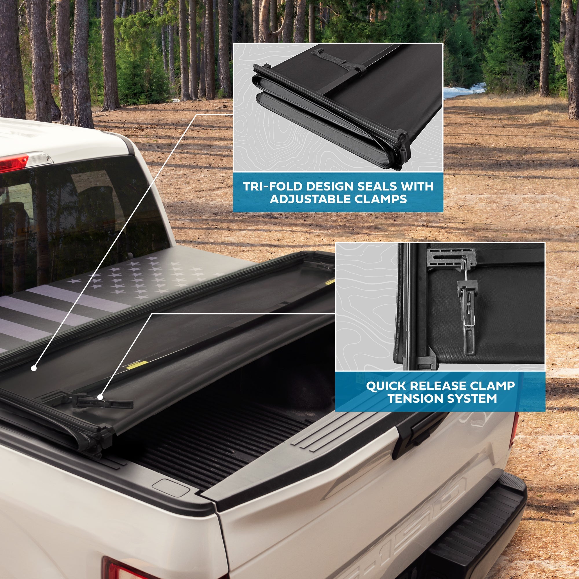 MotorBox Soft Tri-Fold Truck Tonneau Cover for Ford F-150 2015-2024 5.5 ft Bed, All-Weather Folding Truck Bed Cover with Black Flag Graphic, Tri-Fold Design for Quick Access and Easy Installation