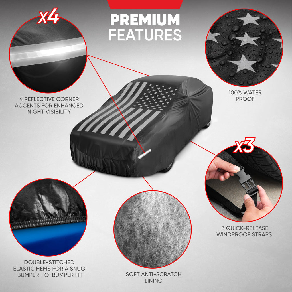 Motor Trend Black USA Flag Waterproof Car Cover - All Weather Outdoor Protection, UV Resistant, Windproof, Scratchproof - Semi-Universal Fit Sedan Full Car Cover for Sun Rain Snow (171"- 190" Length)