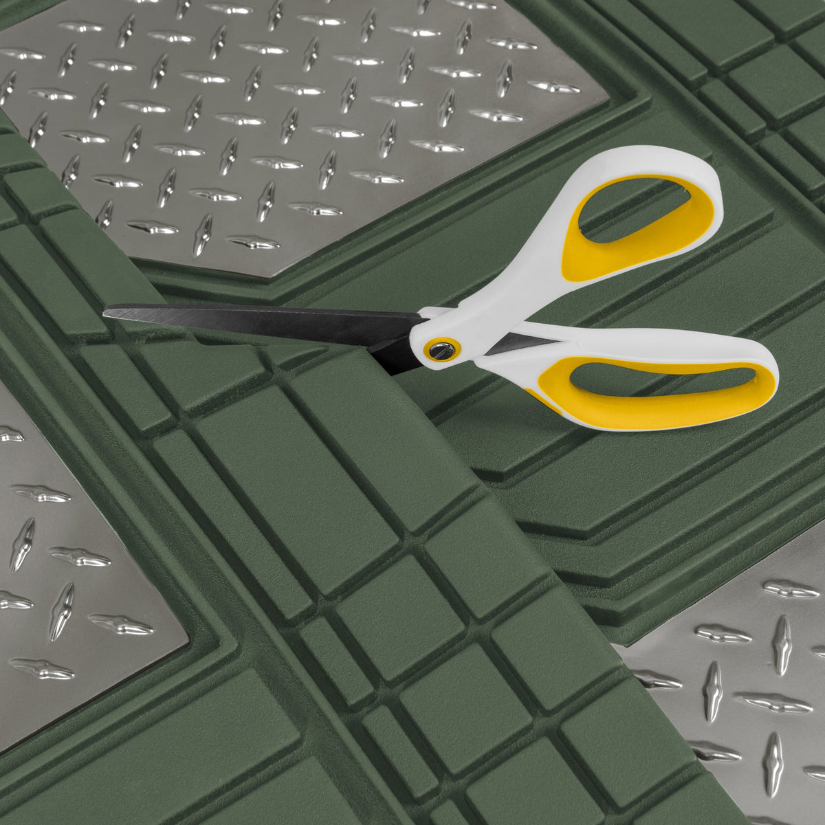 CAT 4-Piece Two-Tone Metallic-Look Front Floor Mats and Rear Floor Mats - Heavy Duty, All Weather, Trim to Fit
