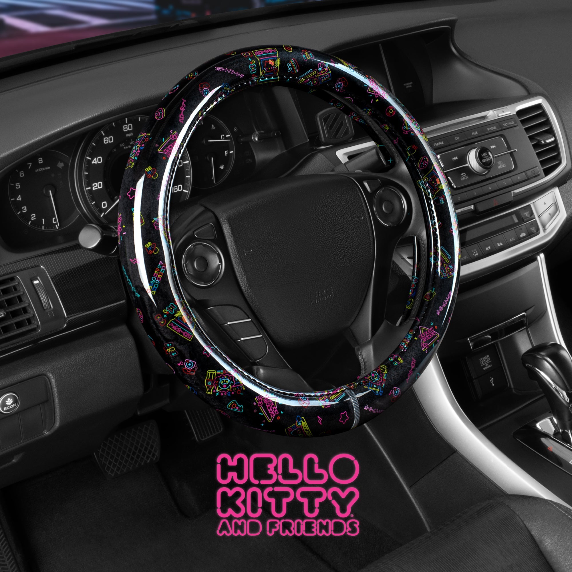 Hello Kitty Steering Wheel Cover, Official Sanrio Car Steering Wheel Cover with Universal Size 14.5 - 15.5, Cute Black Steering Wheel Cover for Women, Hello Kitty Car Accessories (Hello Kitty Kawaii Arcade)