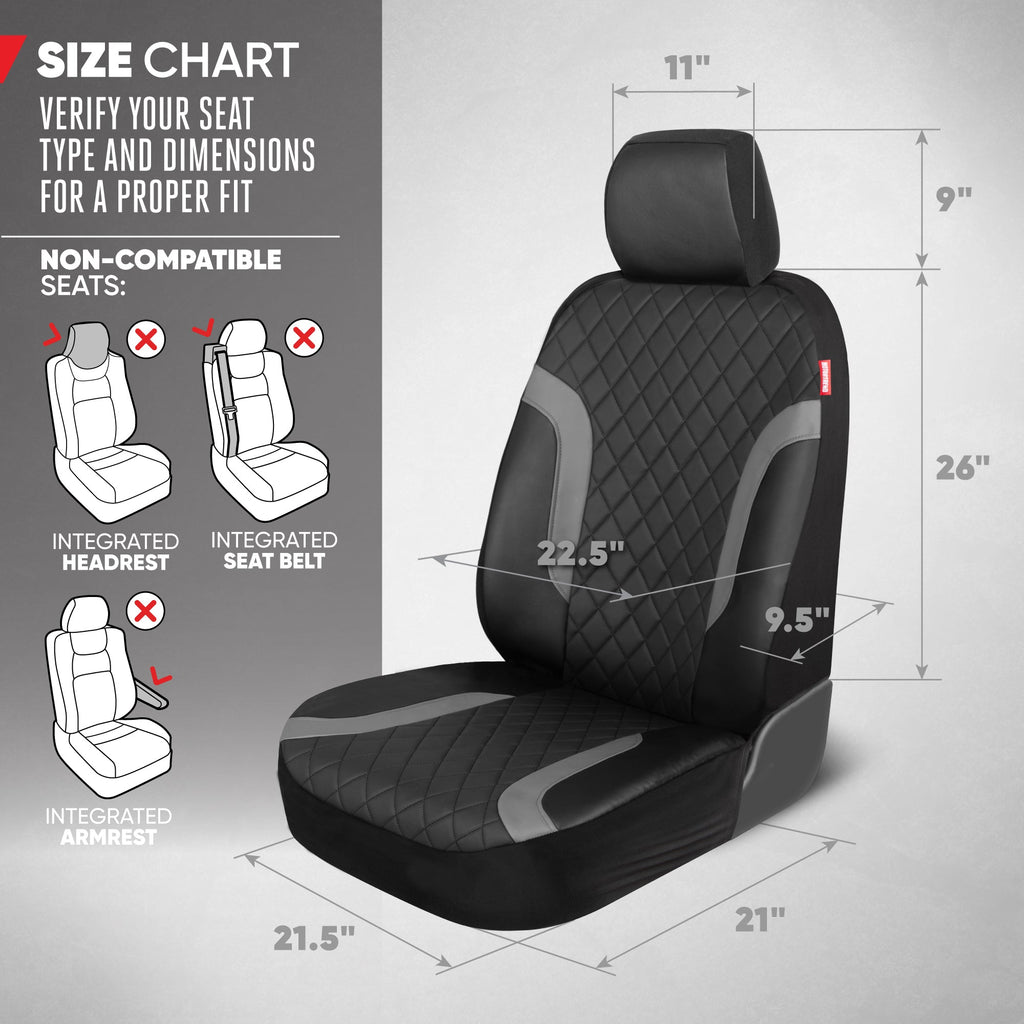 Motor Trend Faux Leather Seat Covers For Trucks, Cars, & SUV - Front Black & Gray Car Seat Cover Set - Universal Fit For Most Automotives - Forros Para Asientos De Carro - CarSeat Covers Accessories