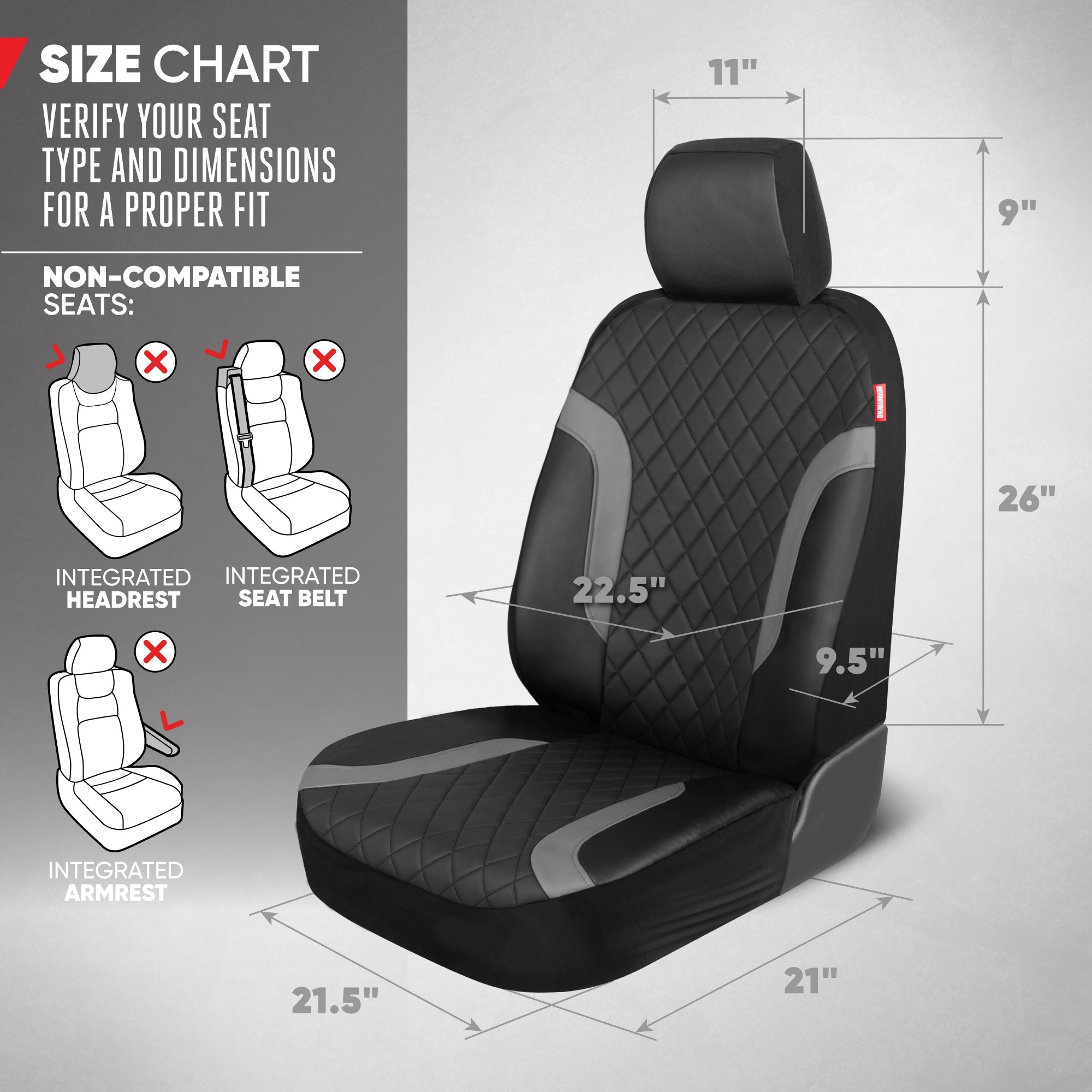 Motor Trend Faux Leather Seat Covers For Trucks, Cars, & SUV - Front Black & Gray Car Seat Cover Set - Universal Fit For Most Automotives - Forros Para Asientos De Carro - CarSeat Covers Accessories