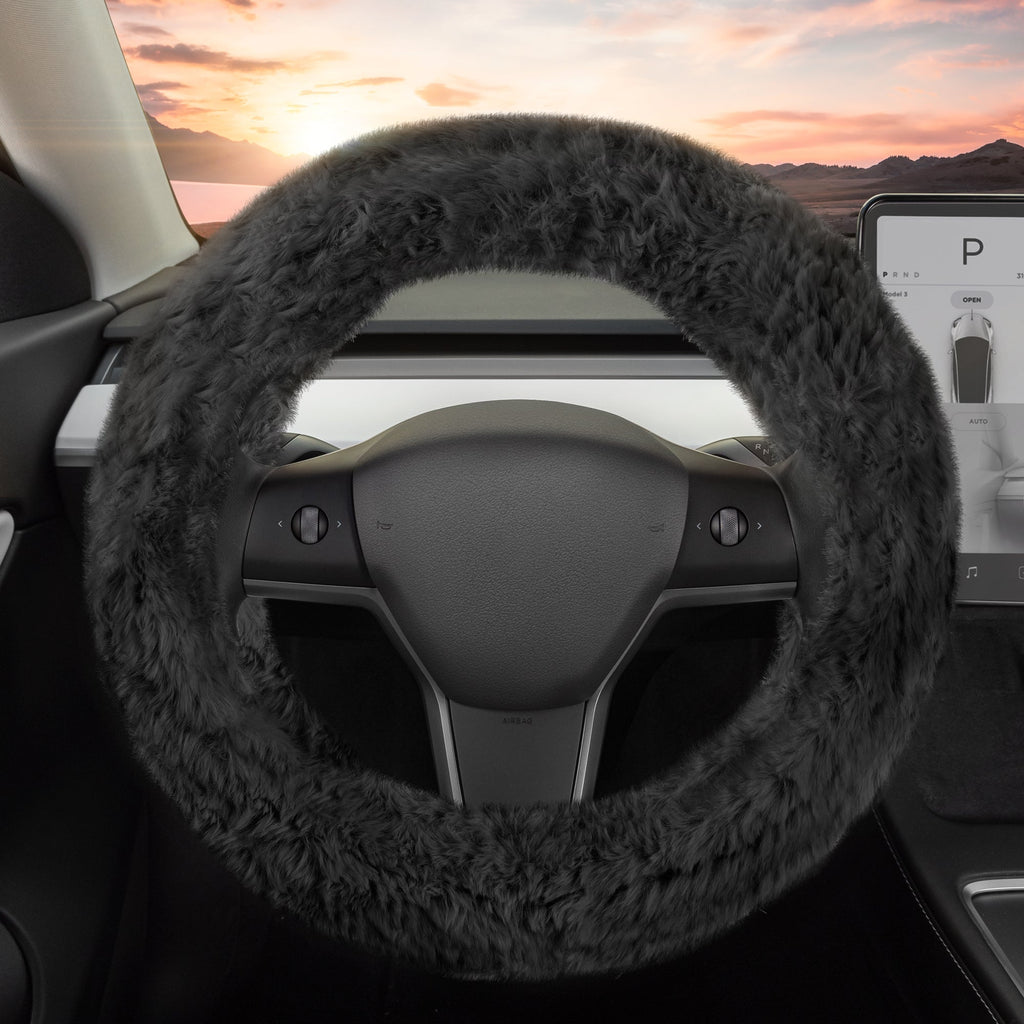 Carbella Soft Pink Fuzzy Steering Wheel Cover, Standard 15 Inch Size Fits Most Vehicles, Cute Faux Fur Car Steering Cover with Soft Fluffy Furry Touch, Car Accessories for Women