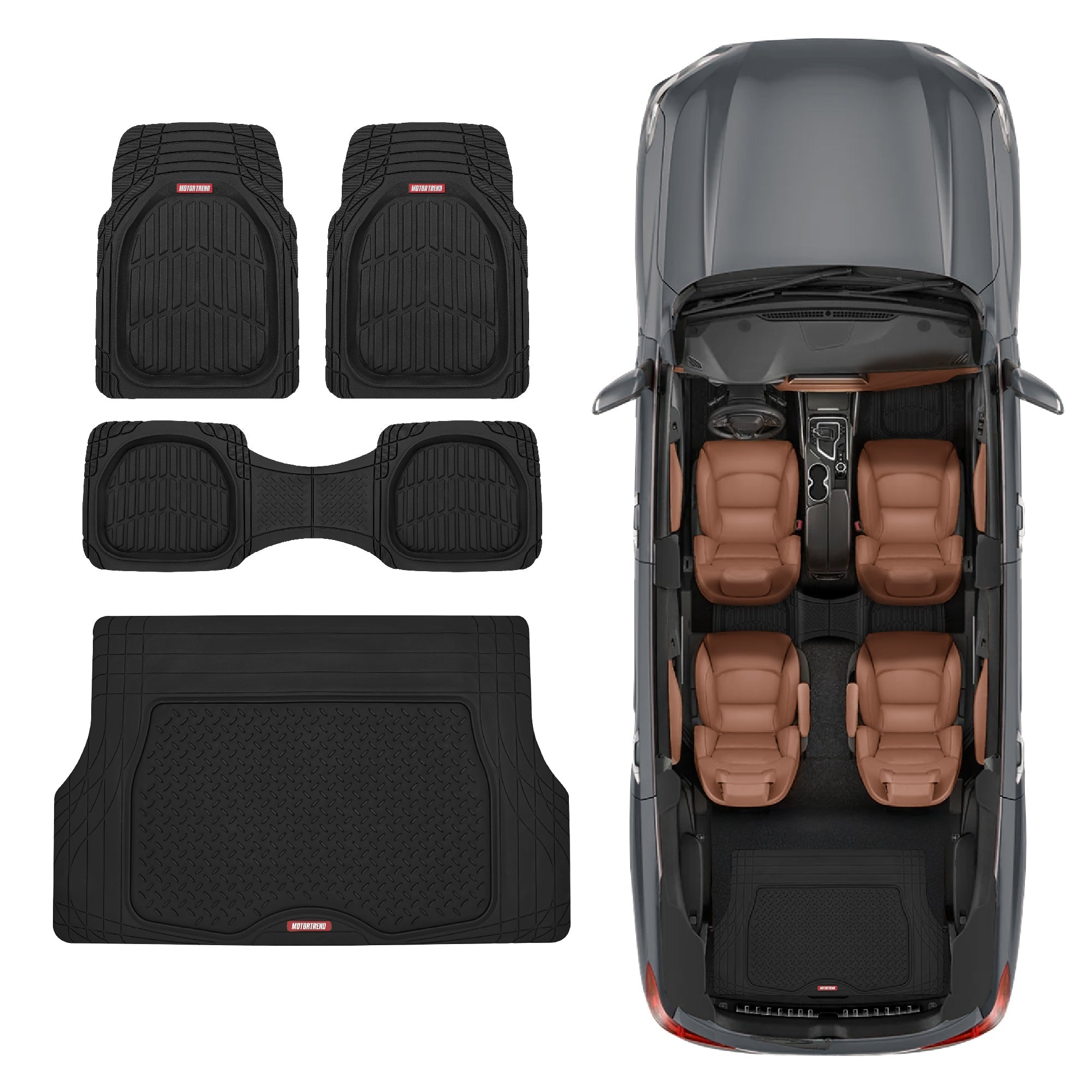MotorTrend 4-Piece FlexTough Deep Dish Front Floor Mats, Rear Floor Mat, and Trunk/Cargo Mat - Heavy Duty, All Weather, Trim to Fit