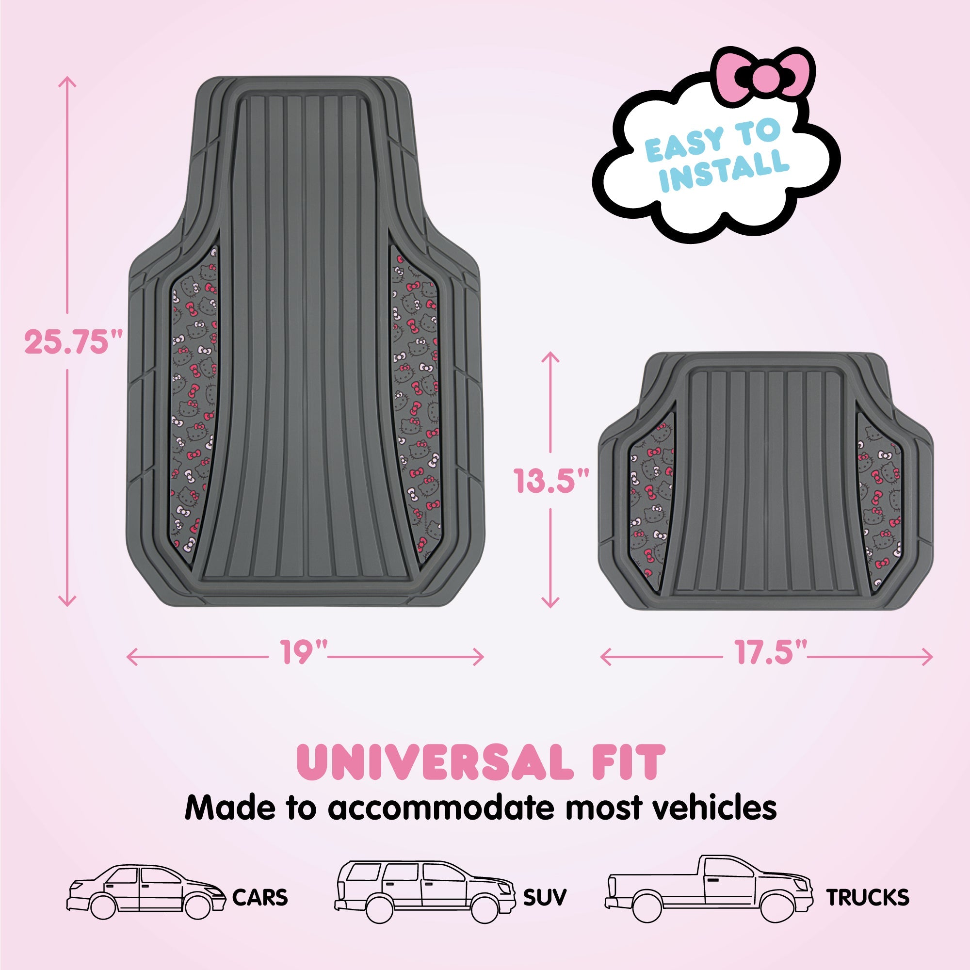 Hello Kitty Car Mats 4pc Floor Mats for Cars Trucks SUVs Kawaii Car Floor Mats for Women Men Accessories Rubber Heavy Duty Cute Non-Slip Always Front Rear Hello Kitty Car Accessories Classic Gray with Pink Bows
