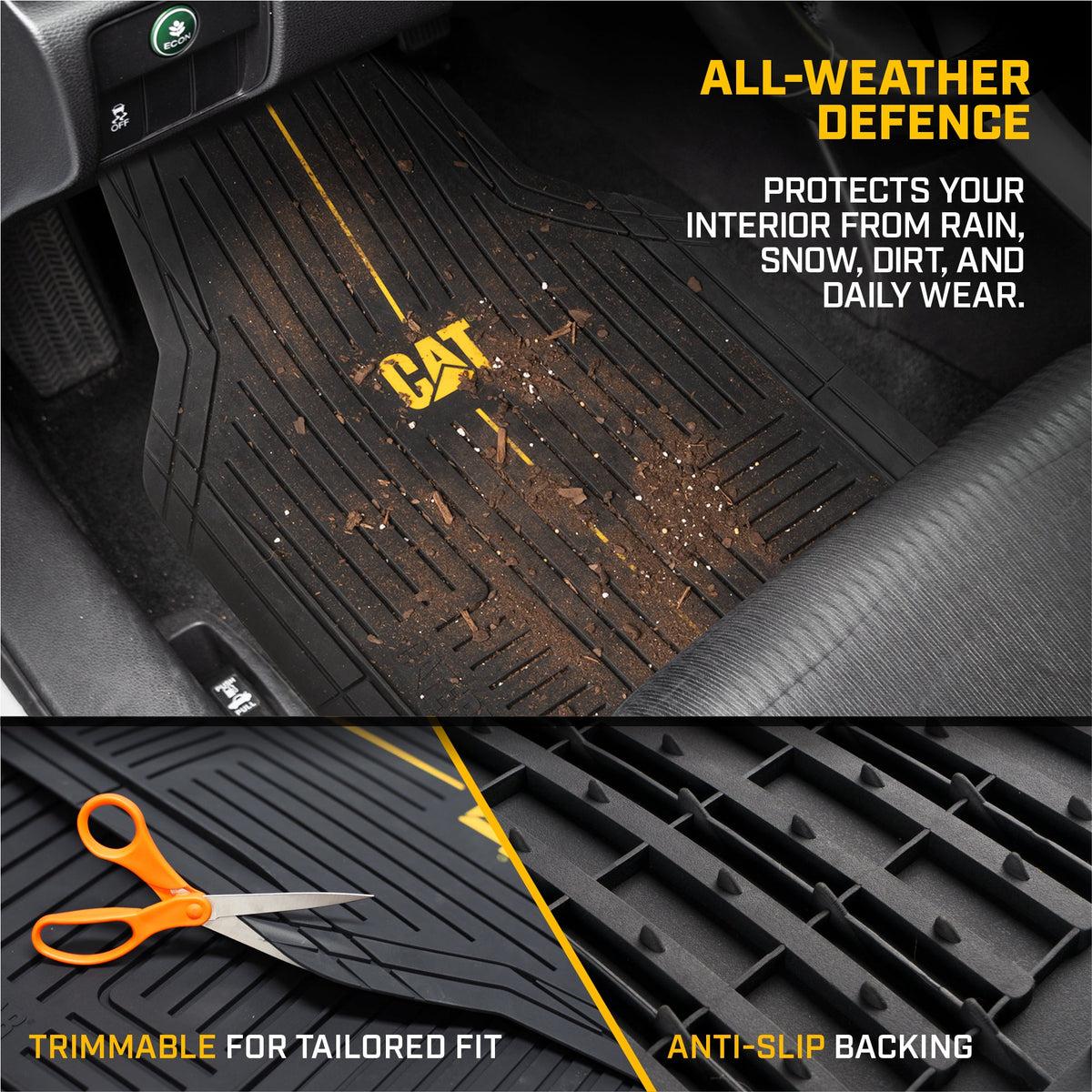 CAT® Heavy-Duty 4 Piece Black Floor Mats for Cars, Trucks & SUVs – Trim-to-Fit All-Weather Rubber Car Mats Full Set, Waterproof Interior Accessories, Car Rug Protection & Automotive Floor Liners