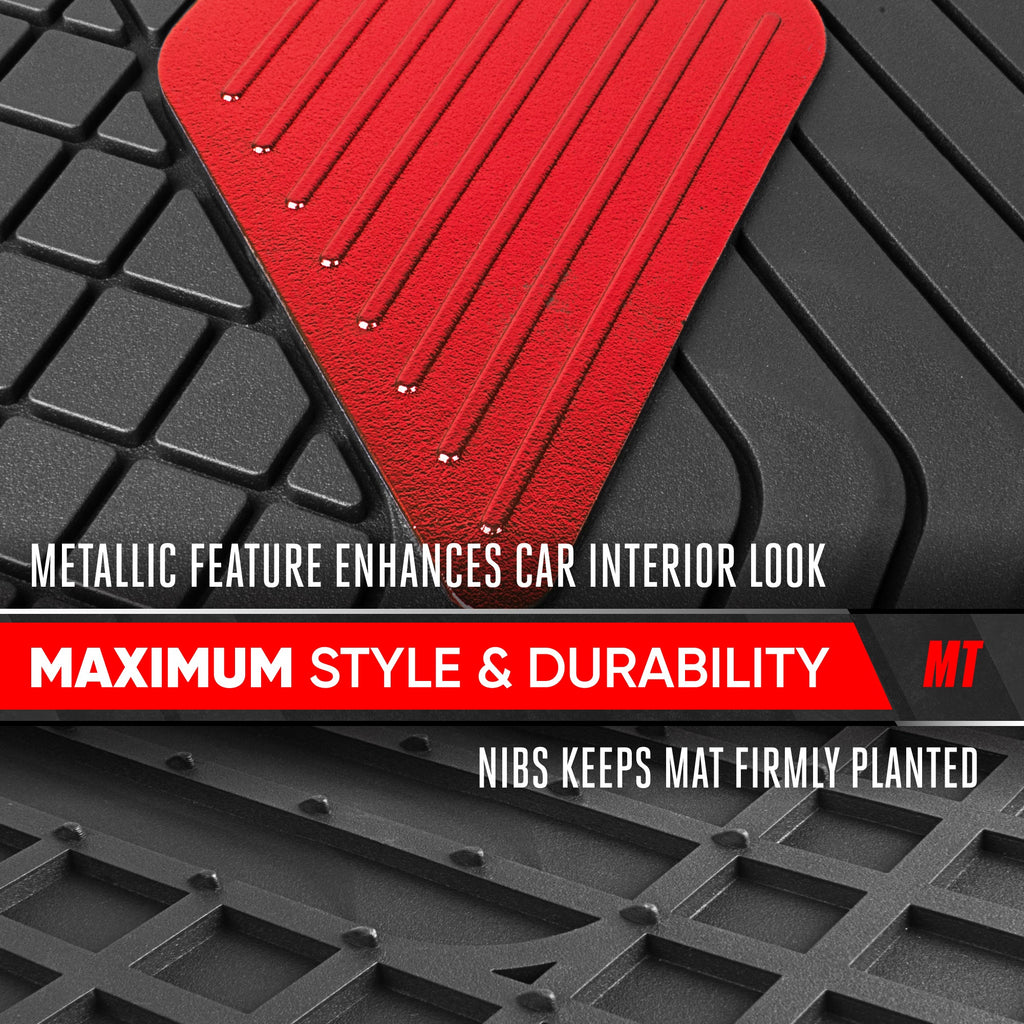 Motor Trend MetallicGuard Car Floor Mats Full Set - Durable Rubber Floor Mats with Red Metallic Heel Pad, All-Weather Interior Protection for Front and Rear with Non-Slip Backing