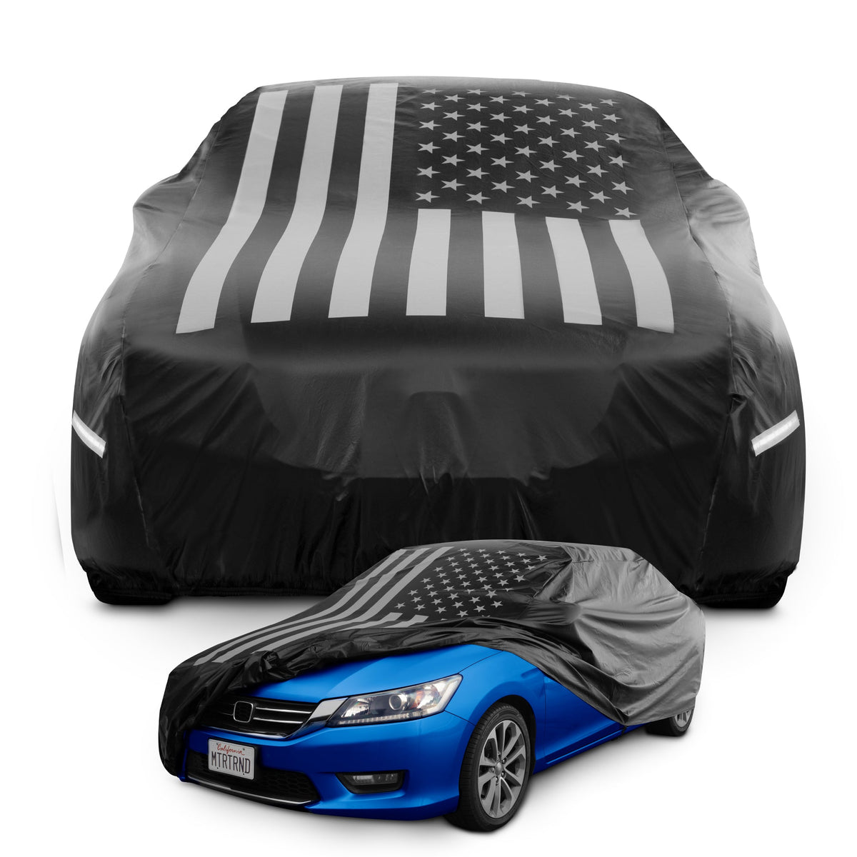 Motor Trend Black USA Flag Waterproof Car Cover - All Weather Outdoor Protection, UV Resistant, Windproof, Scratchproof - Semi-Universal Fit Sedan Full Car Cover for Sun Rain Snow (171"- 190" Length)