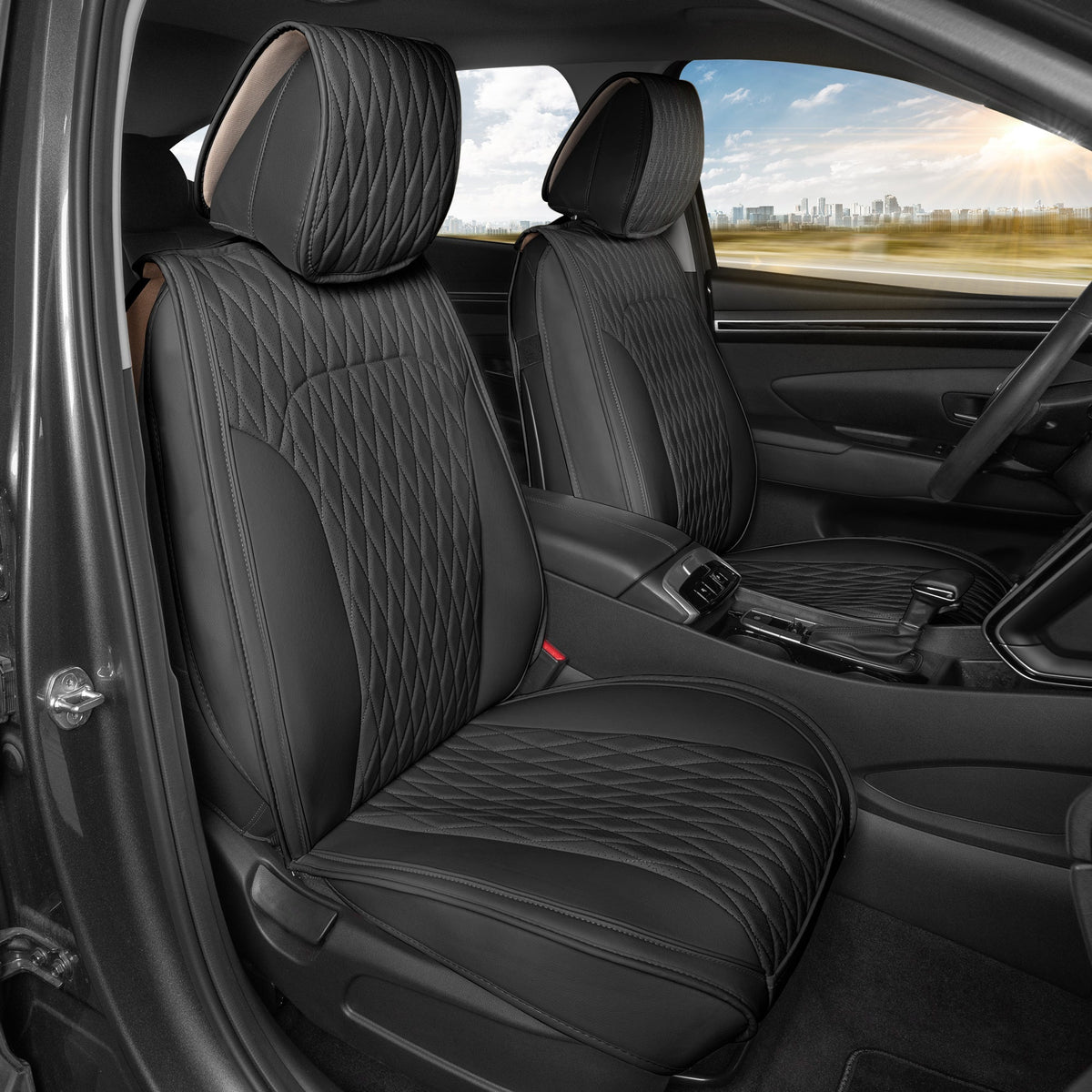 Car Seat Covers - DiamondLux Edition Premium Faux Leather Seat Protectors - Double Cross Stitched Cushioned Automotive Accessories for Trucks, SUVs, Cars - Front Seat Set