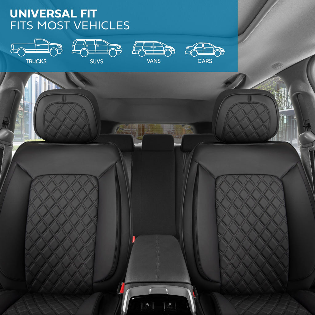 MotorBox Elite Edition Faux Leather Seat Covers for Cars, Trucks, & SUV - 2 Black Car Seat Covers for Front Seats - Universal Fit Car Accessories Automotive Interior Cover Protector for Most Vehicles