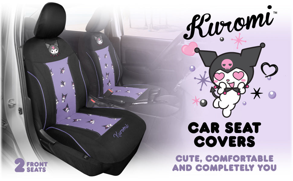 Hello Kitty Kuromi Car Seat Covers - Cute Black and Purple Front Seat Covers with Lavender Accents, Durable and Comfortable Polyester, Car Accessories Hello Kitty Accessories 2pc