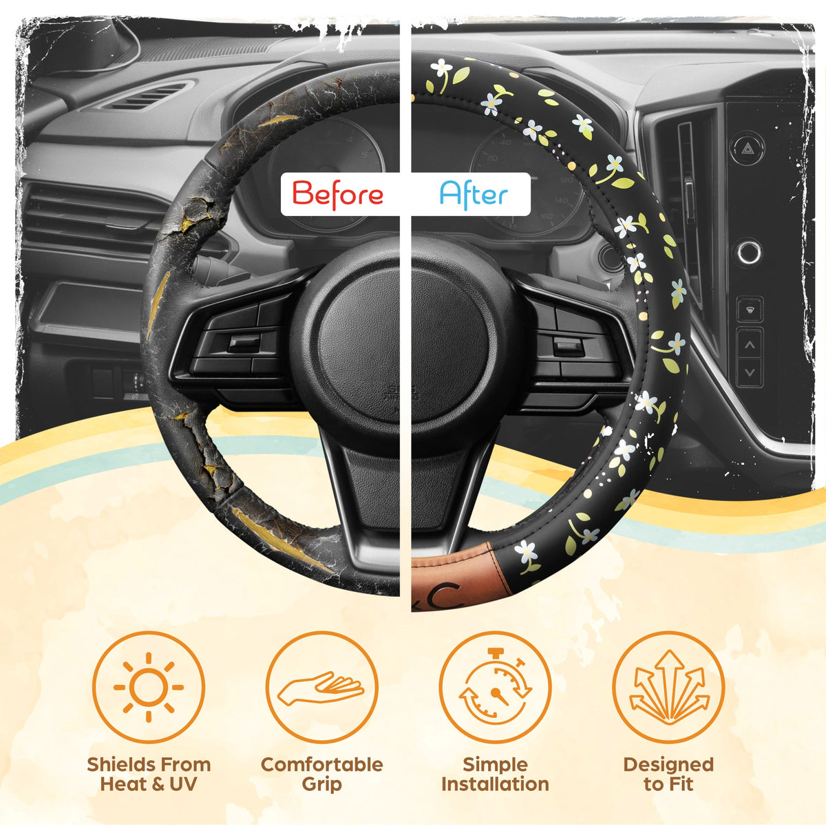 C&C California Car Steering Wheel Cover Floral Daisy Flowers, Non Slip Black Leather Steering Wheel Cover for Women Men, Cute Comfortable Soft Easy Installation Universal Fit (Fits 14.5"-15.5" Inches)