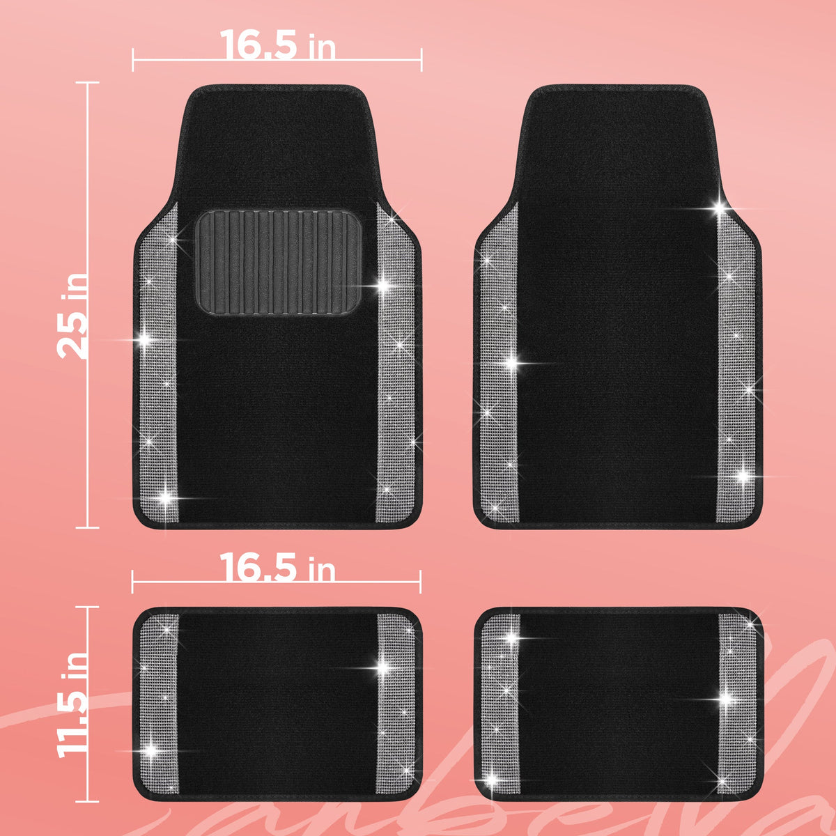Carbella 4-Piece Diamond Bling Front Floor Mats and Rear Floor Mats - Silver