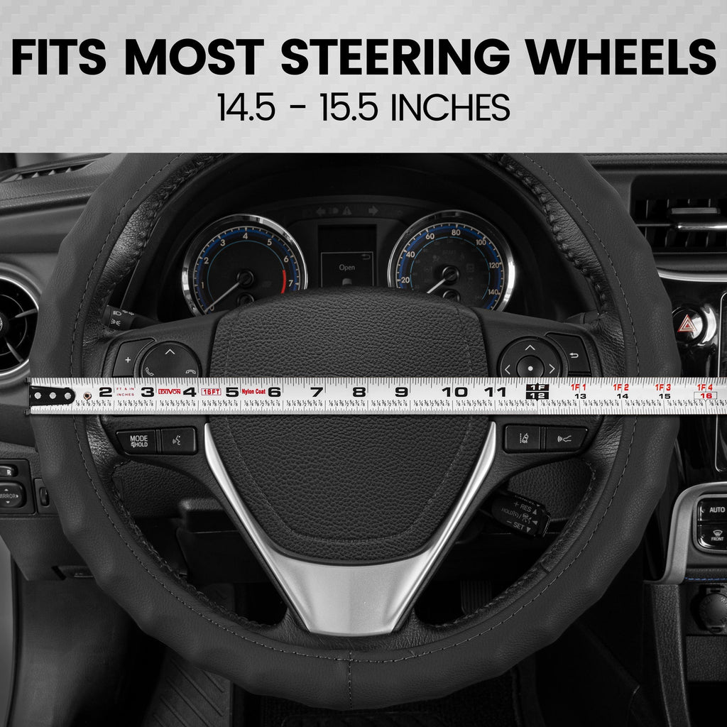 BDK Genuine Leather Ergonomic Non-Slip Grip Steering Wheel Cover (Fits 14.5" - 15.5")