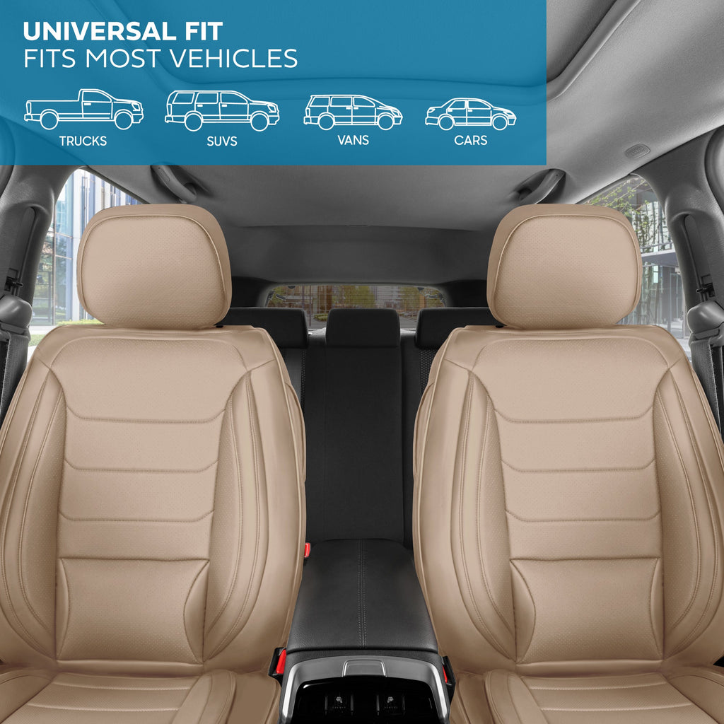 MotorBox Elite Edition Faux Leather Seat Covers for Cars, Trucks, & SUV - 2 Beige Car Seat Covers for Front Seats - Universal Fit Car Accessories Automotive Interior Cover Protector for Most Vehicles
