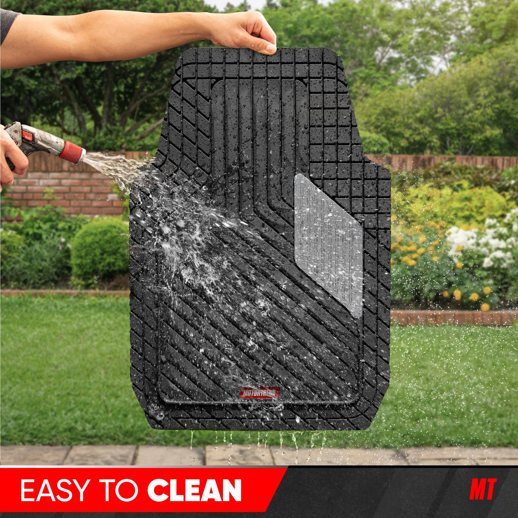 Motor Trend MetallicGuard Car Floor Mats Full Set - Durable Rubber Floor Mats with Silver Metallic Heel Pad, All-Weather Interior Protection for Front and Rear with Non-Slip Backing --Alias 638721182349977102