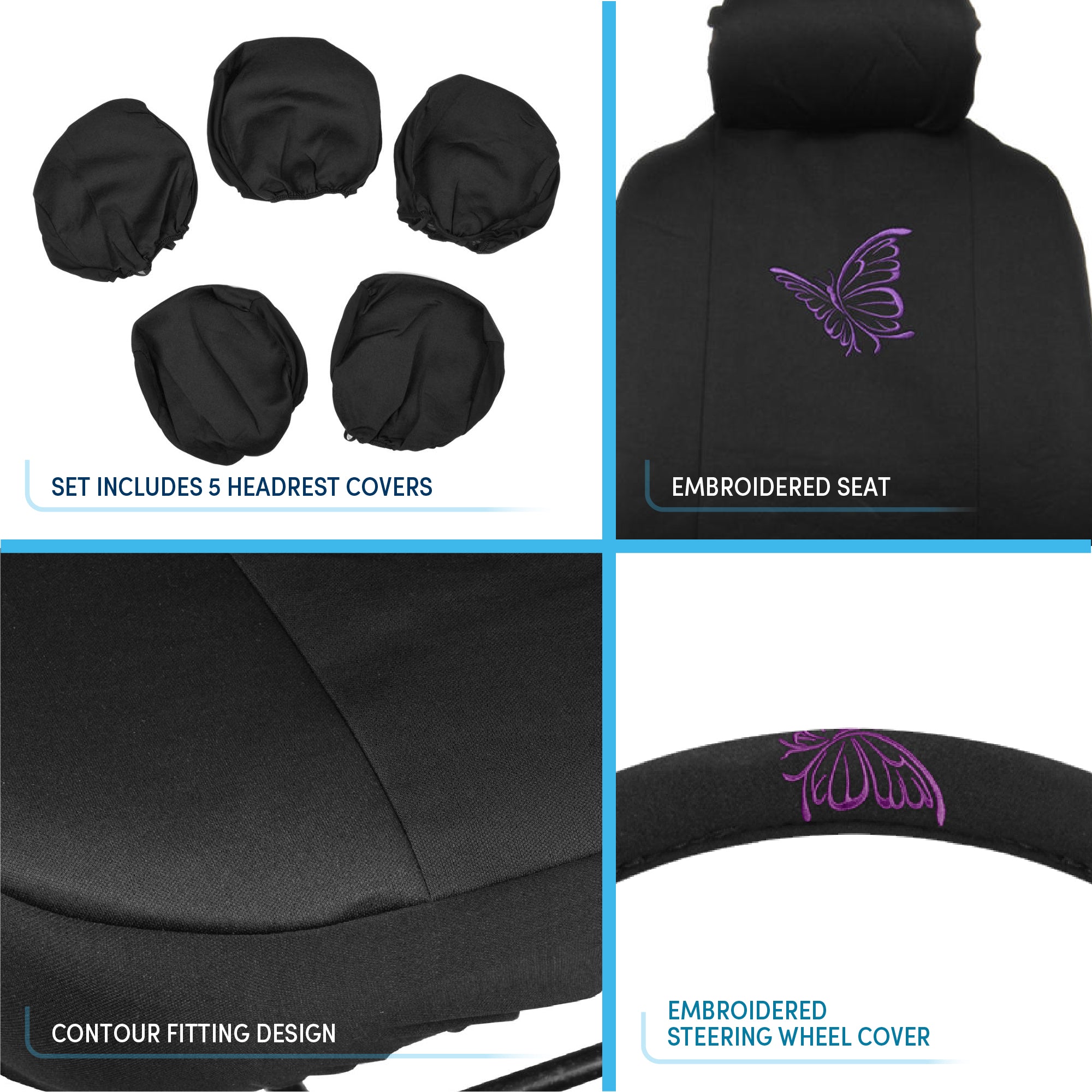 BDK 12-Piece Butterfly Front Seat Covers, Rear Seat Covers, Seat Belt Pads, and Steering Wheel Cover (Fits 14.5" - 15.5")
