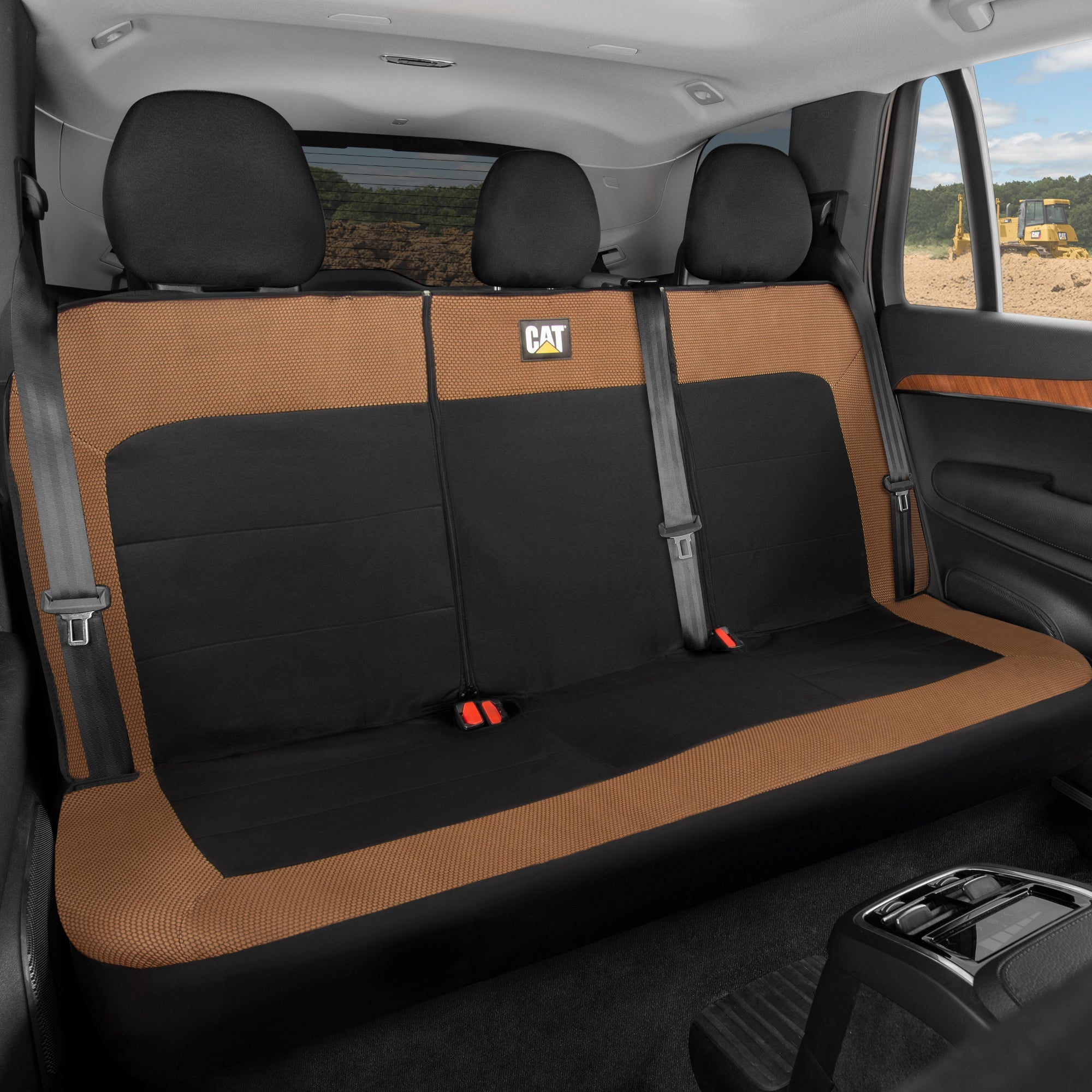 Cat Flexfit Beige & Black Rear Seat Cover for Car – Durable Canvas & Mesh Design 60/40 Split Bench Protector for Cars, Trucks & SUVs – Back Seat Cover for Rear Bench – Interior Car Accessory