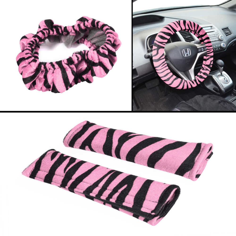 BDK 12-Piece Pink Tiger Front Seat Covers, Rear Seat Covers, Seat Belt Pads, and Steering Wheel Cover (Fits 14.5" - 15.5")