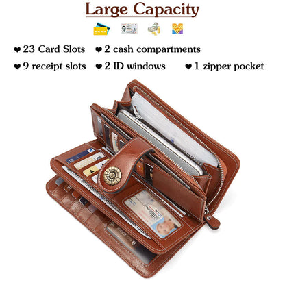 High Quality Women Wallet RFID, GENUINE LEATHER RFID BLOCKING CARDS HOLDER LARGE CAPACITY PURSES PHONE CLUTCH WITH ZIPPER POCKET WRISTLET