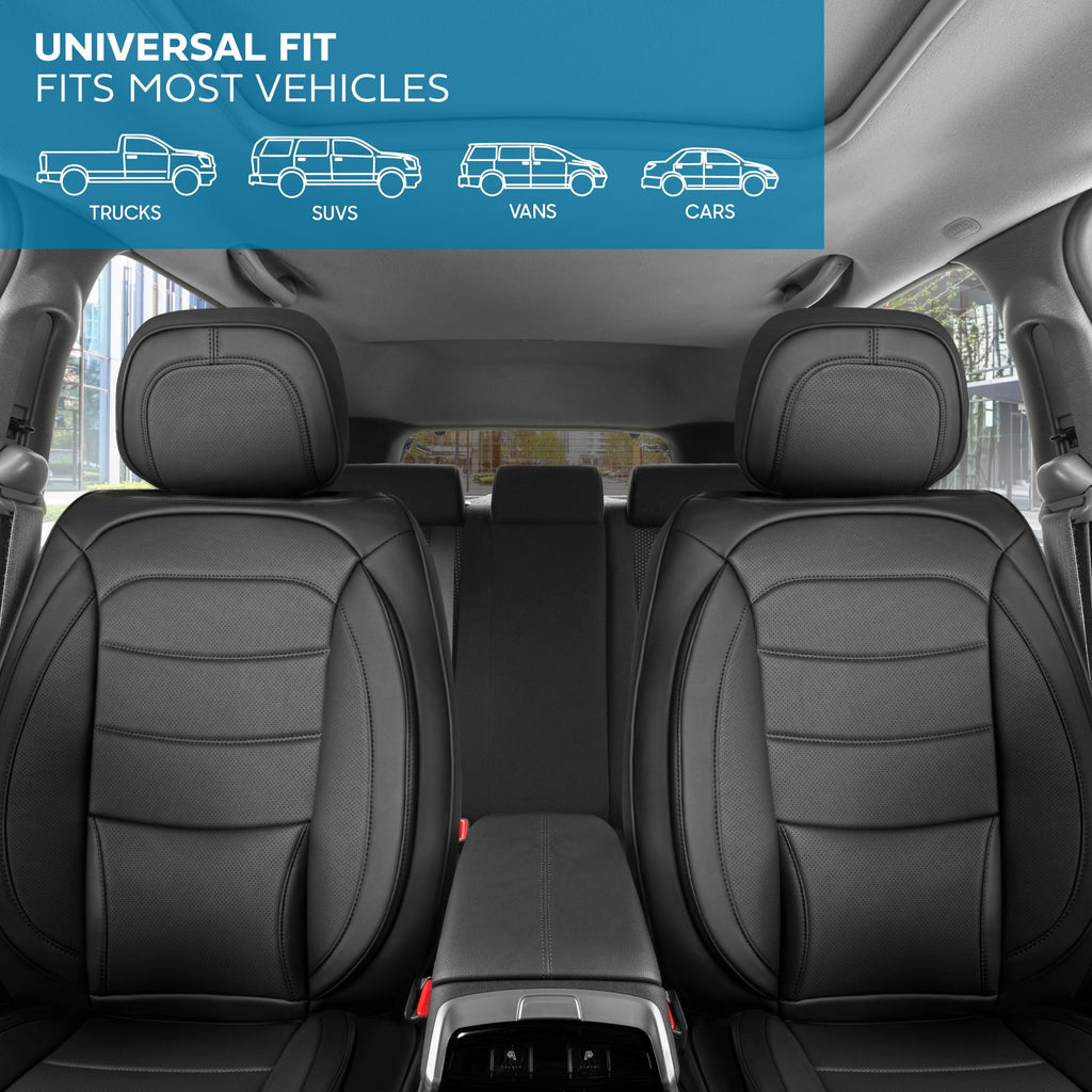 MotorBox Elite Edition Faux Leather Seat Covers for Cars, Trucks, & SUV - 2 Black Car Seat Covers for Front Seats - Universal Fit Car Accessories Automotive Interior Cover Protector for Most Vehicles