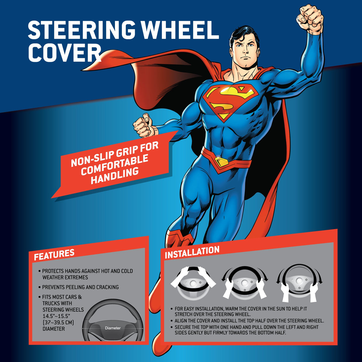 Warner Bros DC Comics Superman Logo Steering Wheel Cover (Fits 14.5" - 15.5")