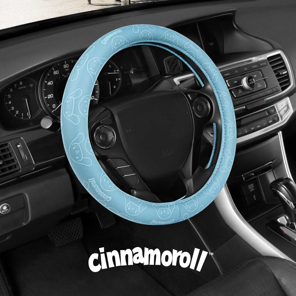 Cinnamoroll Steering Wheel Cover, Official Sanrio Car Steering Wheel Cover with Universal Size 14.5 - 15.5, Cute Blue Steering Wheel Cover for Women, Cinnamoroll Car Accessories (Cinnamoroll Blue Monogram)