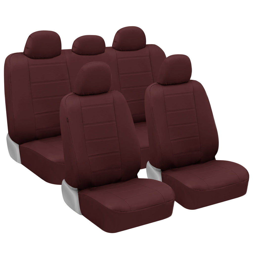 BDK 9-Piece Burgundy Leather Car Seat Cover Full Set, Front Seat Cover and Rear Bench Seat Cover Universal Fit Car Seat Covers for Cars Trucks SUVs Vans, Complete Full Coverage Protection For Vehicles