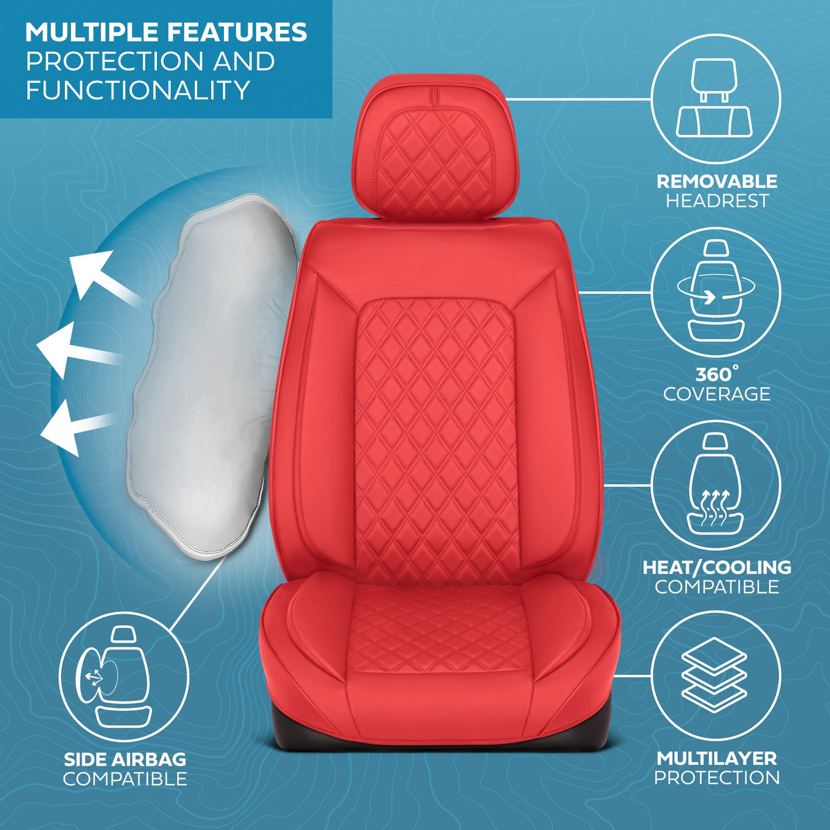 MotorBox Elite Edition Faux Leather Seat Covers for Cars, Trucks, & SUV - 2 Red Car Seat Covers for Front Seats - Universal Fit Car Accessories Automotive Interior Cover Protector for Most Vehicles