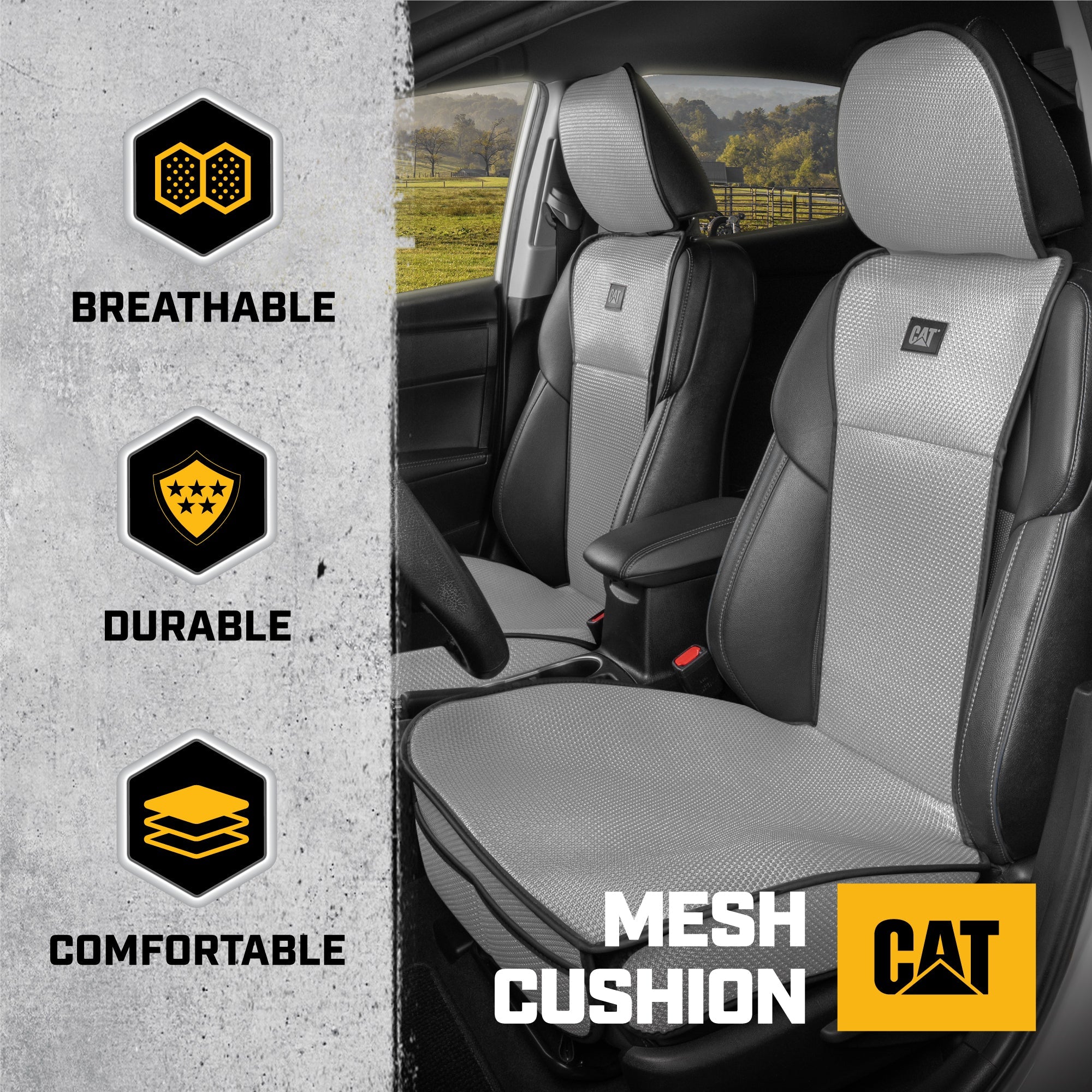 Caterpillar AeroMesh Gray Seat Covers for Trucks, Car, & SUV - (2) Front Truck Seat Cover Protector - Breathable Mesh Universal Fit Car Seat Covers - Automotive Seat Covers Top of Seat Protection