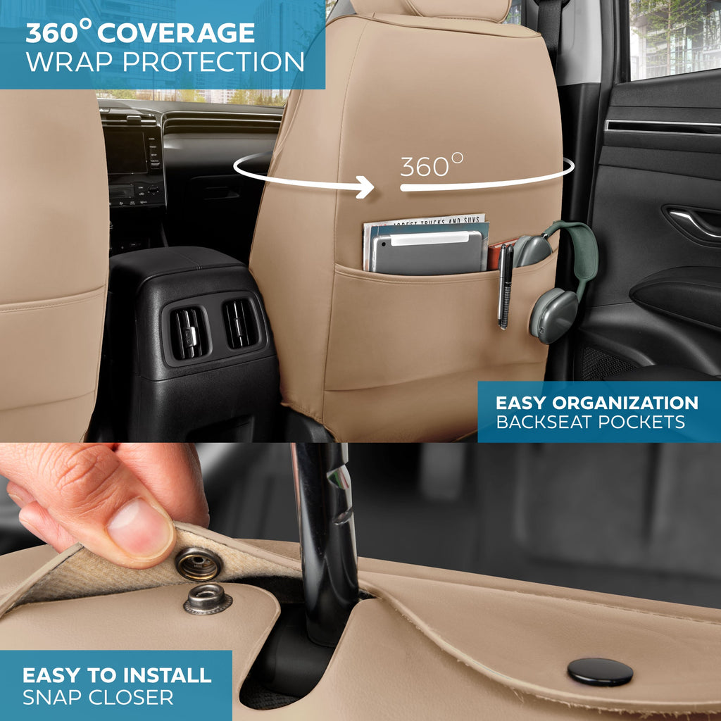 MotorBox Elite Edition Faux Leather Seat Covers for Cars, Trucks, & SUV - 2 Beige Car Seat Covers for Front Seats - Universal Fit Car Accessories Automotive Interior Cover Protector for Most Vehicles