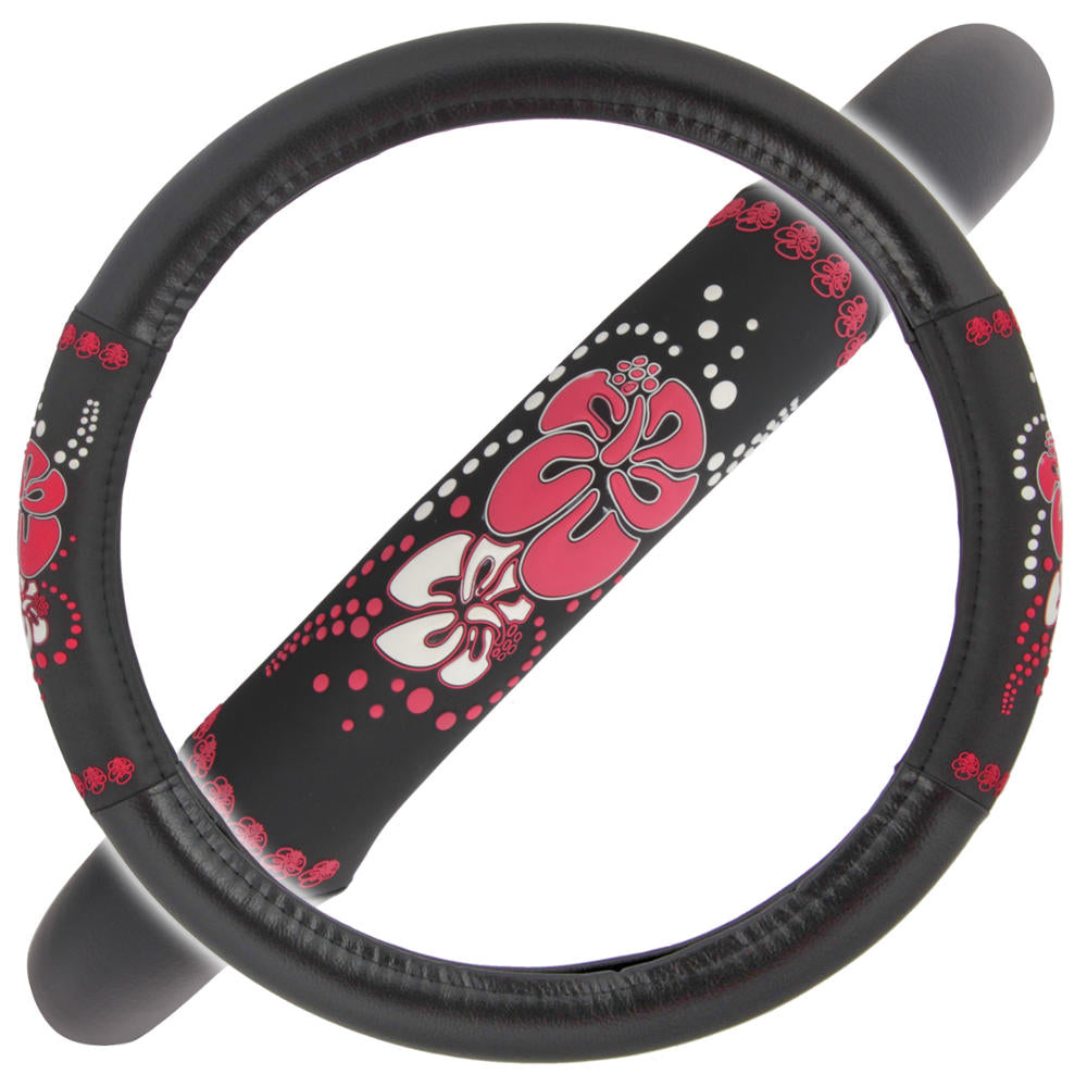 BDK Pink Hawaiian Flowers Steering Wheel Cover (Fits 14.5" - 15.5")