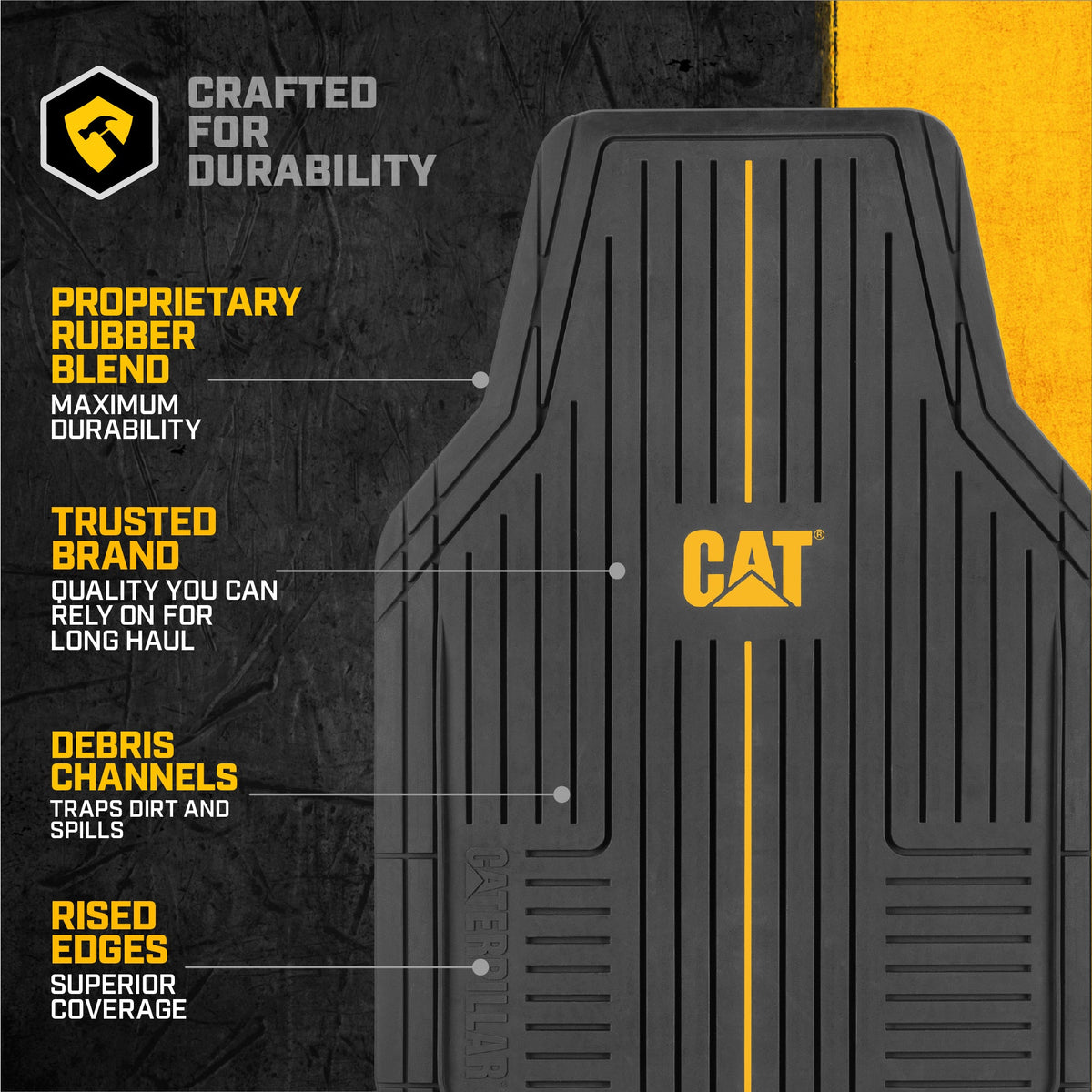 CAT® Heavy-Duty 4 Piece Black Floor Mats for Cars, Trucks & SUVs – Trim-to-Fit All-Weather Rubber Car Mats Full Set, Waterproof Interior Accessories, Car Rug Protection & Automotive Floor Liners