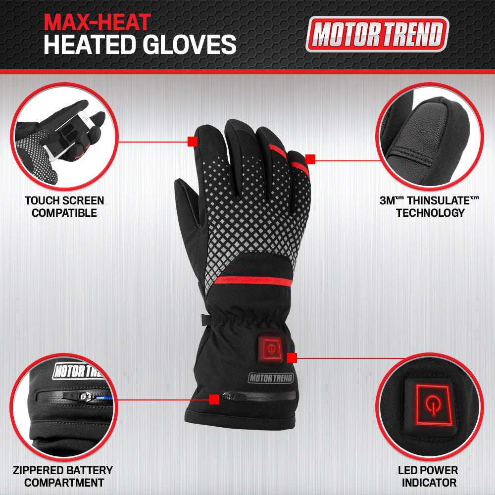 Motor Trend Max-Heat Heated Gloves - Rechargeable Hand Warmers with 3 Temperature Settings and Thermal Insulating Technology