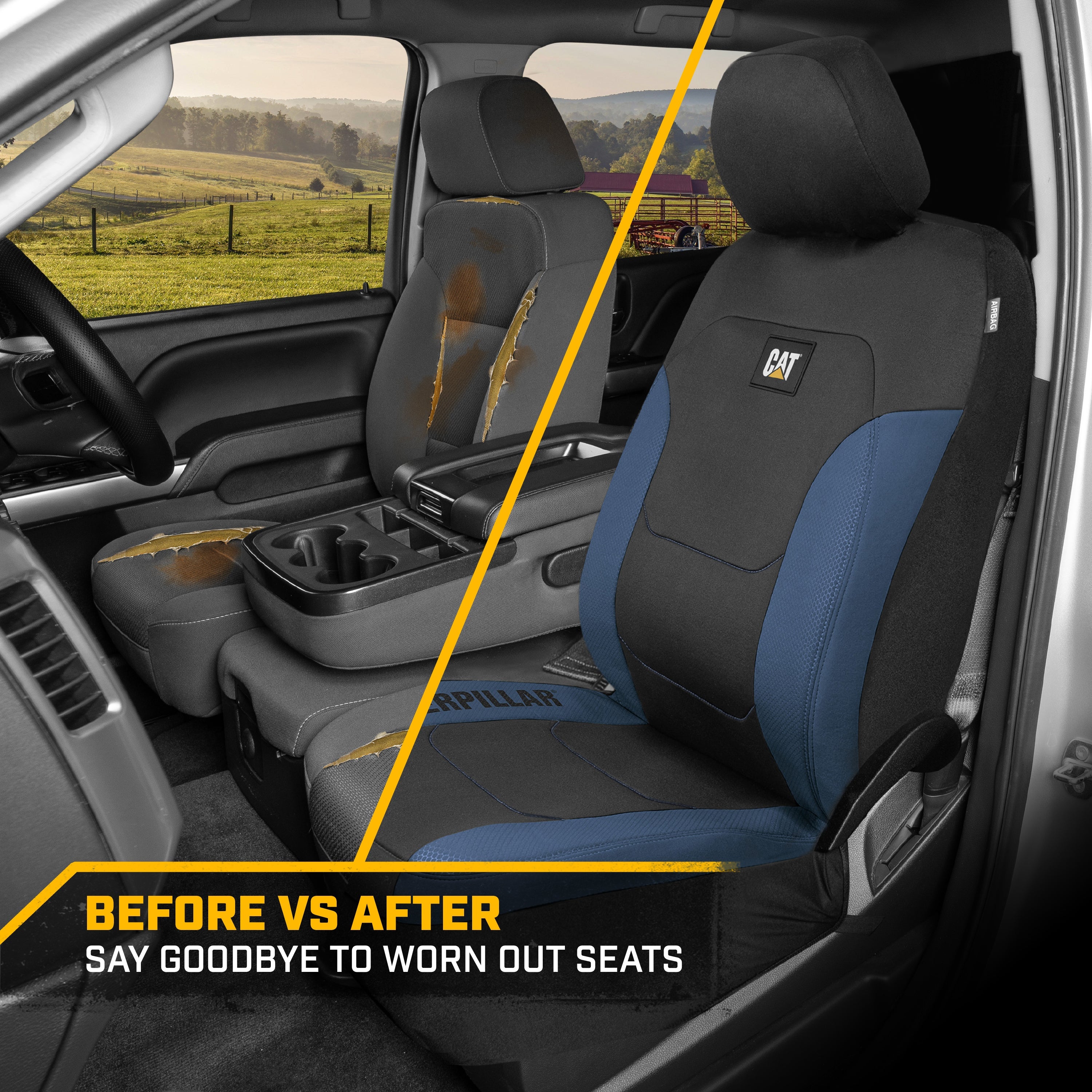 CAT FlexFit Black Blue Seat Covers for Cars, Trucks, & SUV - (2) Front Car Seat Cover Front Seat Protectors - Airbag Compatible Seat Covers for SUV Interior Covers & Truck Seat Cover Car Accessories