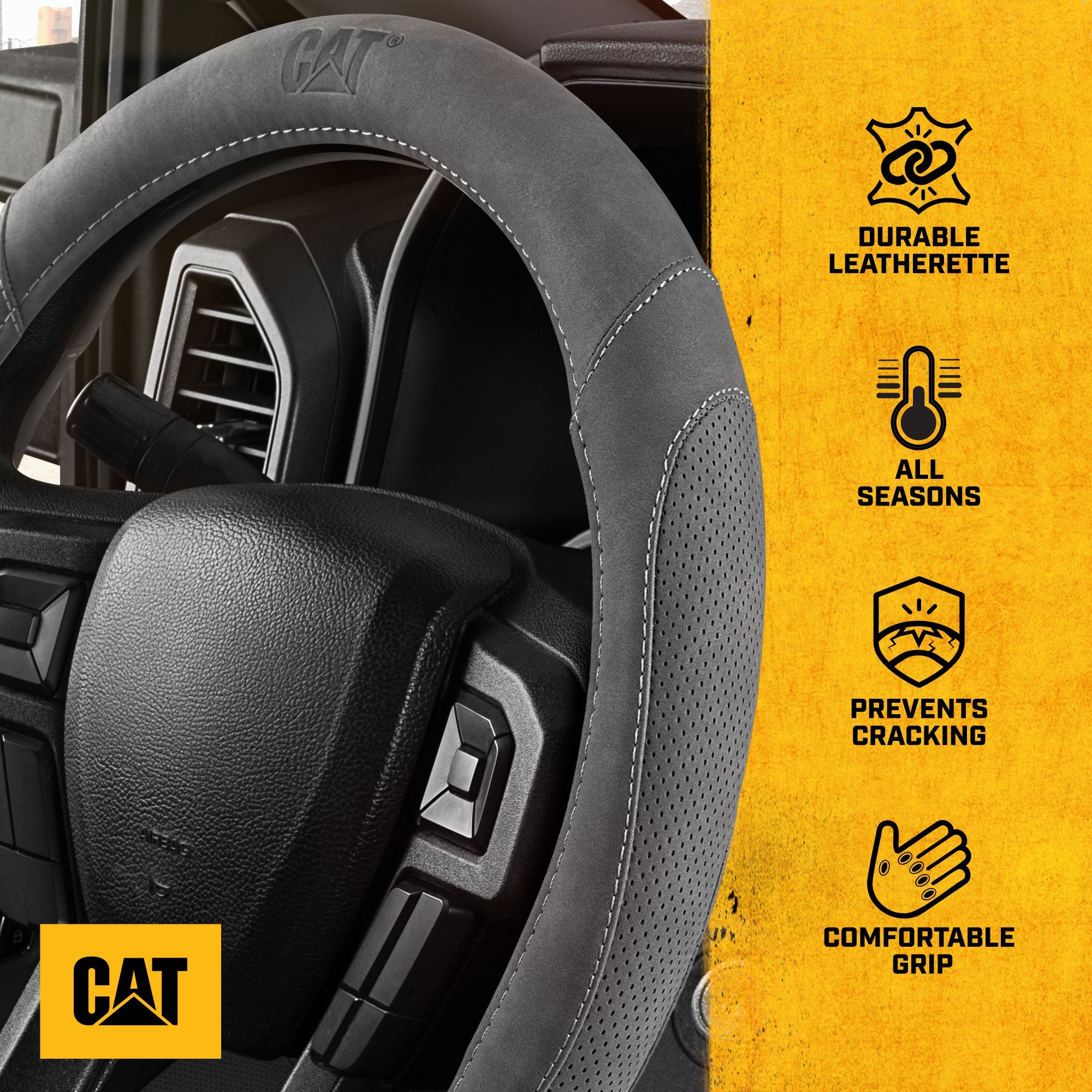 Cat® Honor Line Flux Leather Steering Wheel Cover w Metal Flag Emblem, Grey Leatherette, Standard 14.5–15.5 Inch, Non Slip Comfort, Car Steering Wheel Cover for Auto Truck SUV, Car Accessories