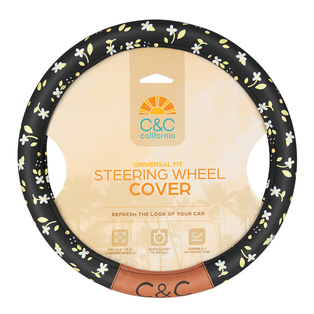 C&C California Car Steering Wheel Cover Floral Daisy Flowers, Non Slip Black Leather Steering Wheel Cover for Women Men, Cute Comfortable Soft Easy Installation Universal Fit (Fits 14.5"-15.5" Inches)